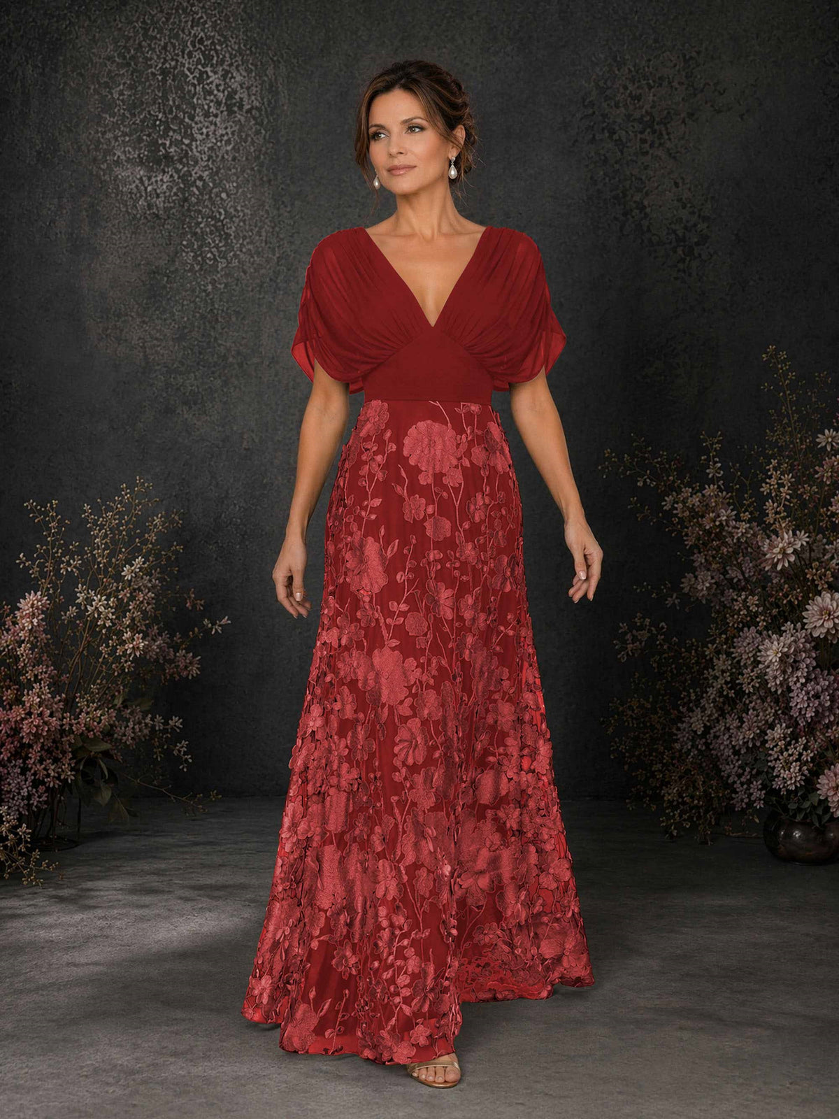 BOLODOO Burgundy & Burgundy Chiffon V-Neck Flutter Sleeve Floral Embroidered A-Line Gown BD0414 - Burgundy