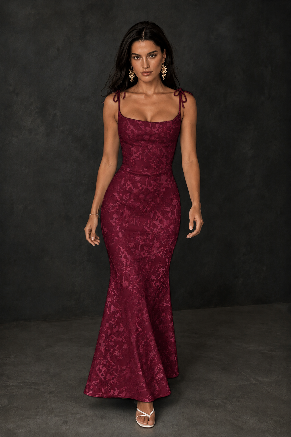 BOLODOO Burgundy Scoop Neck Tie Strap Lace-Up Back Floral Jacquard Mermaid Maxi Dress - Burgundy