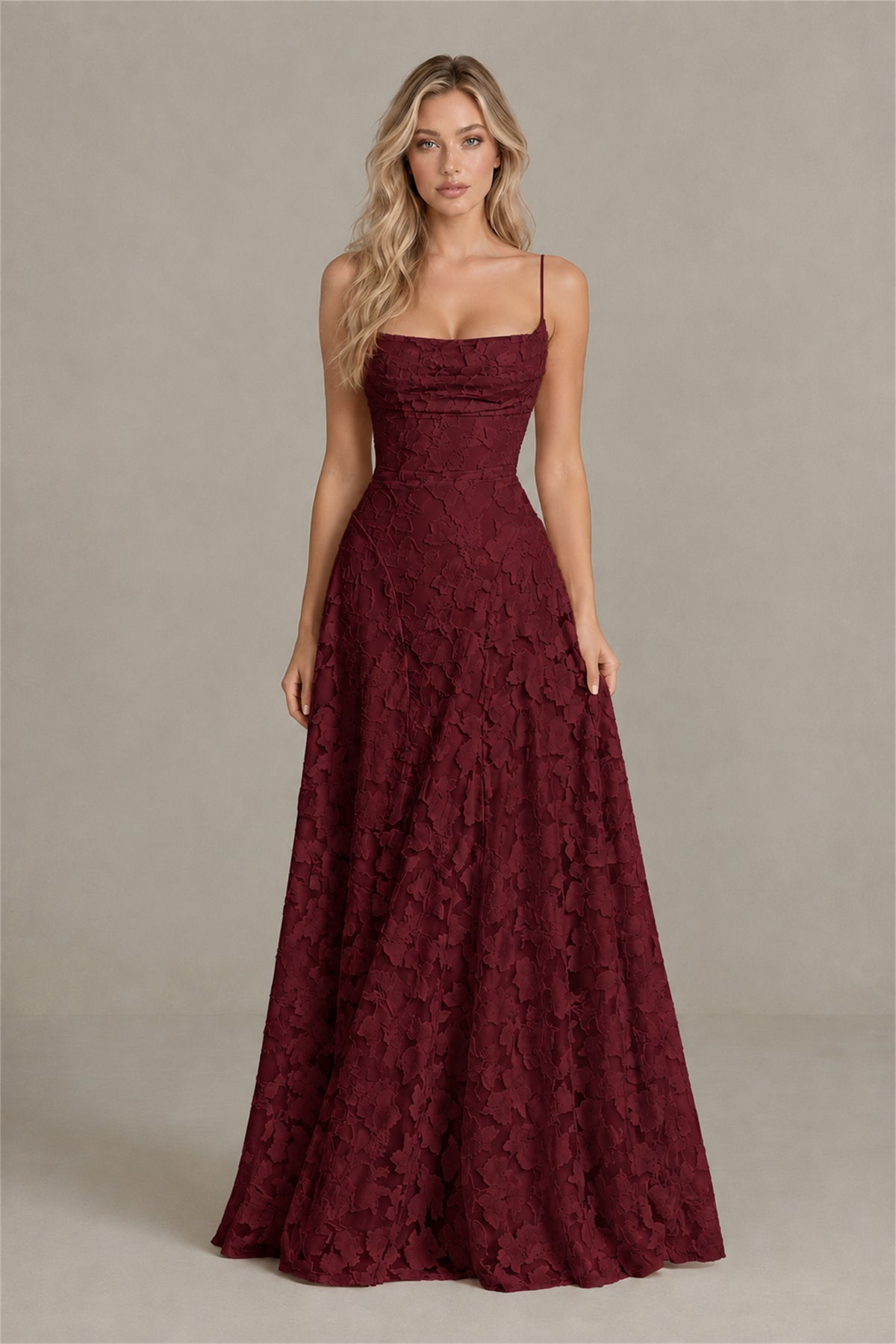 BOLODOO Burgundy Floral Appliqué Lace-Up Back Maxi Dress - Burgundy