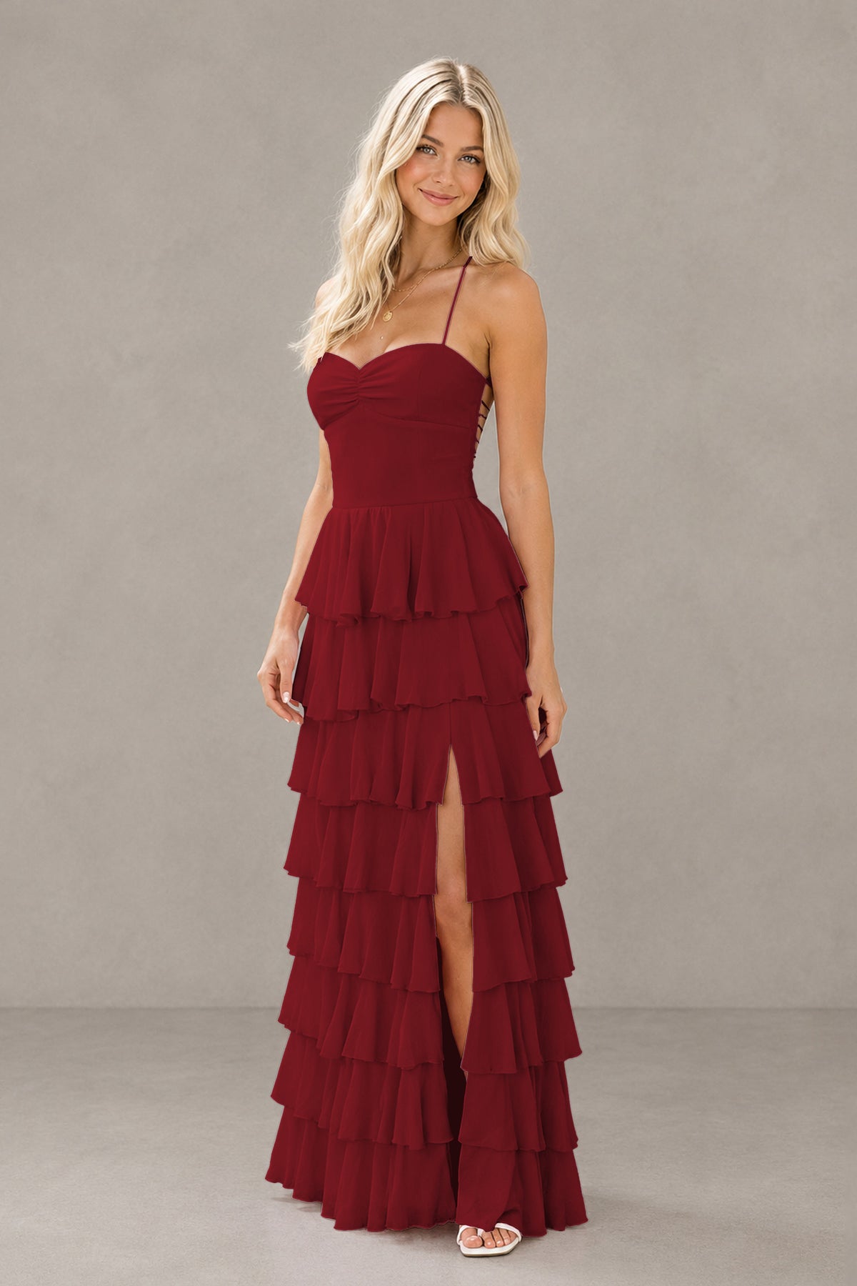 BOLODOO Burgundy Strapless Tiered Ruffle Maxi Dress with Slit & Lace-Up Back - Burgundy