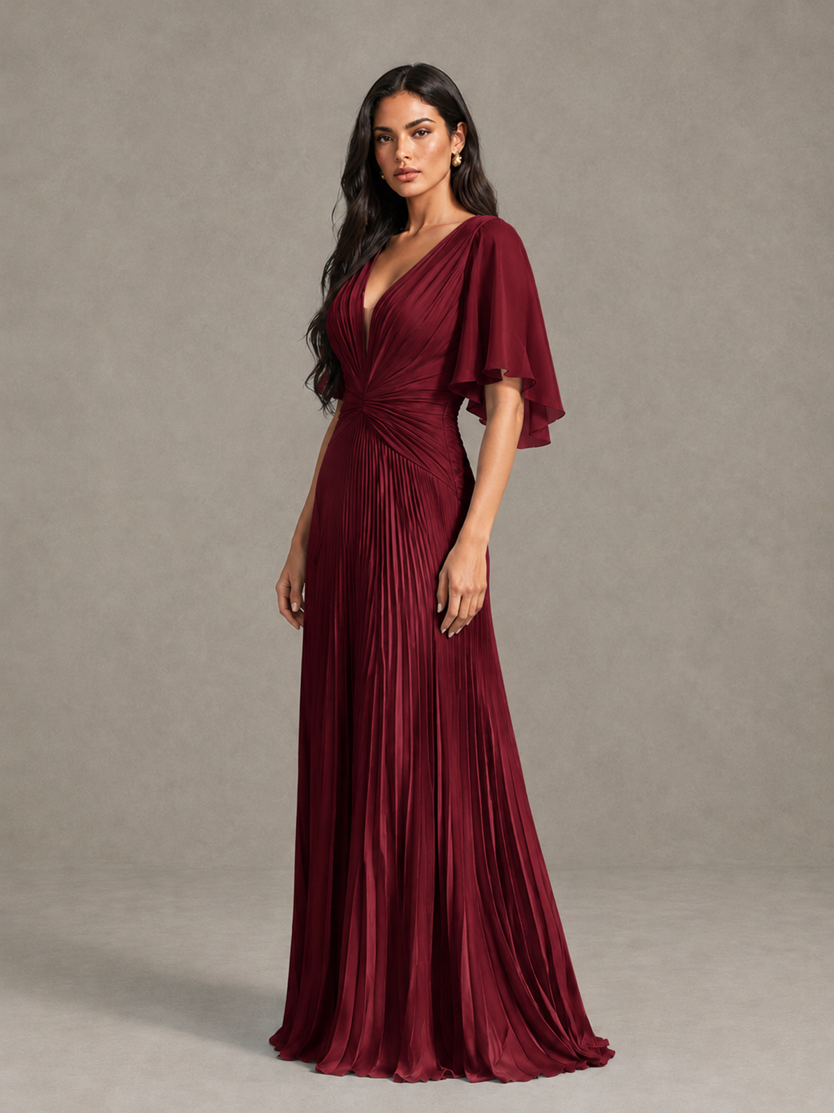 BOLODOO Burgundy Pleated V-Neck Flutter Sleeve Bridesmaid Dress - Burgundy - Burgundy (3)