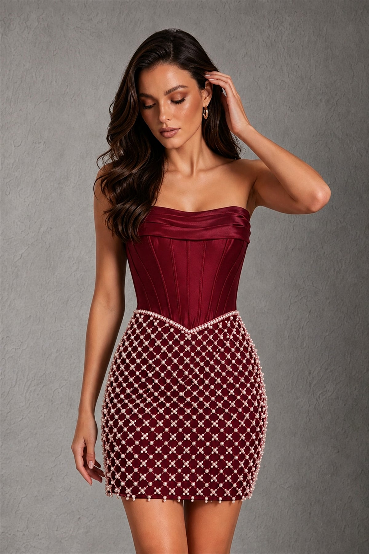 BOLODOO Burgundy Strapless Boned Corset Mini Dress Burgundy Geometric Beaded Skirt Lace-Up Back BD0355 - Burgundy