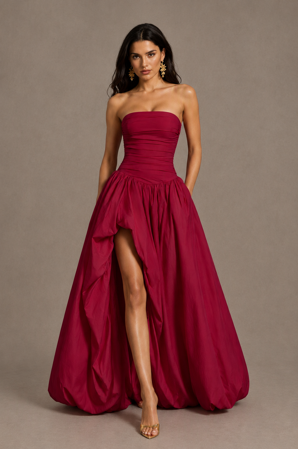 BOLODOO Burgundy Strapless Ruched Corset Lace-Up Back Bubble Skirt High Slit Taffeta Maxi Dress - Burgundy