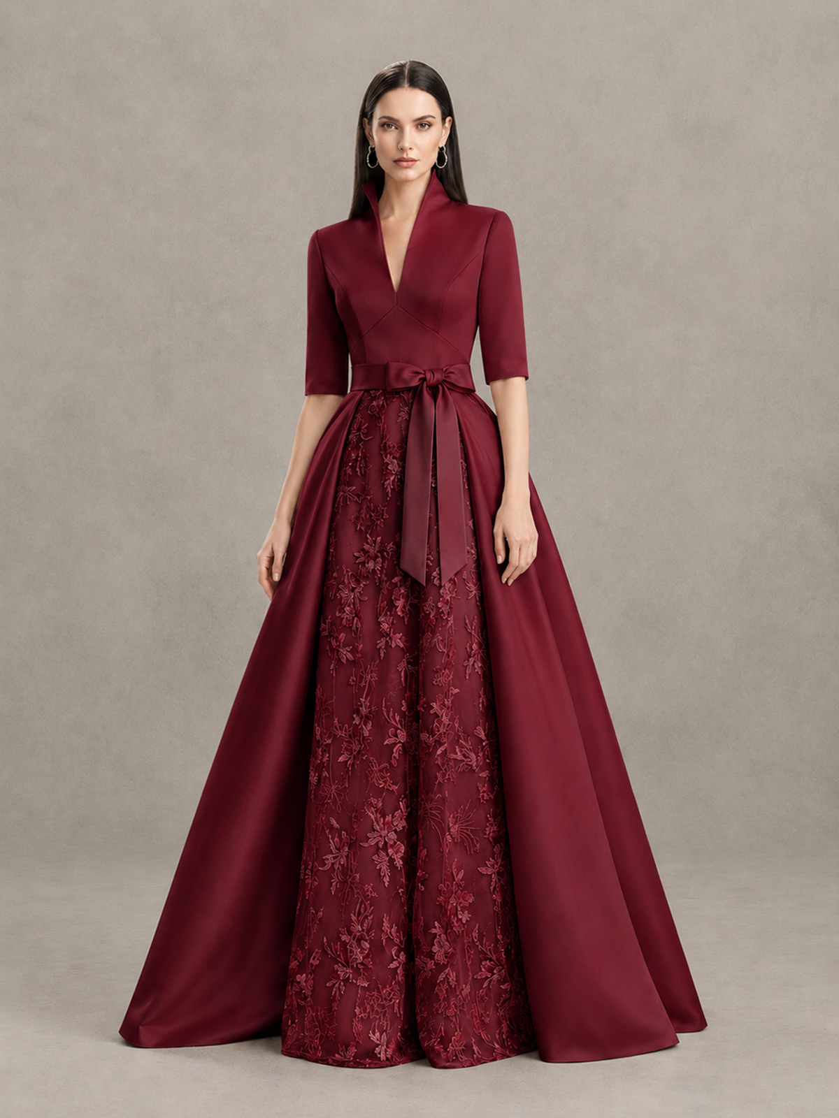 BOLODOO Burgundy Stand Collar Bow Waist Floral Embroidered Evening Gown - Burgundy - Burgundy (3)