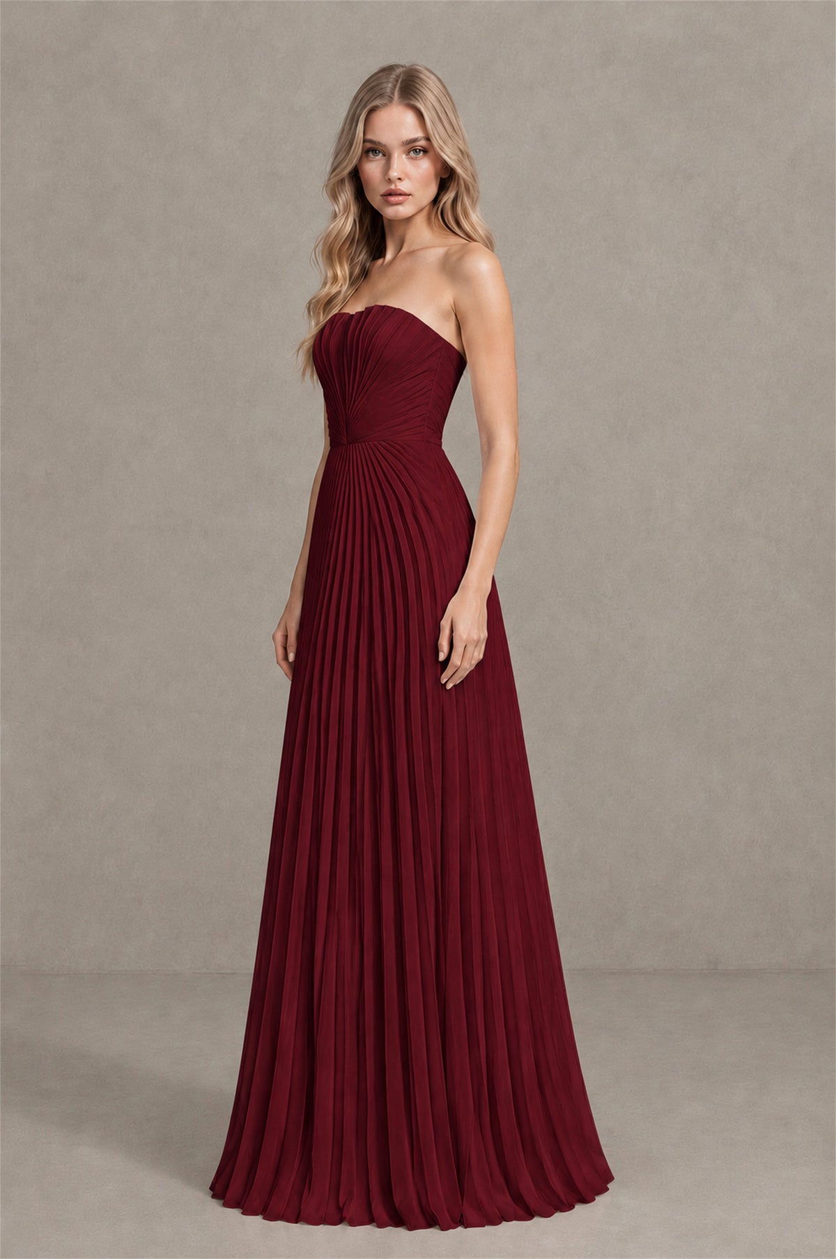BOLODOO Burgundy Strapless Sunburst Pleated Twisted Knot Lace-Up Back Accordion Pleated Chiffon Maxi Dress - Burgundy