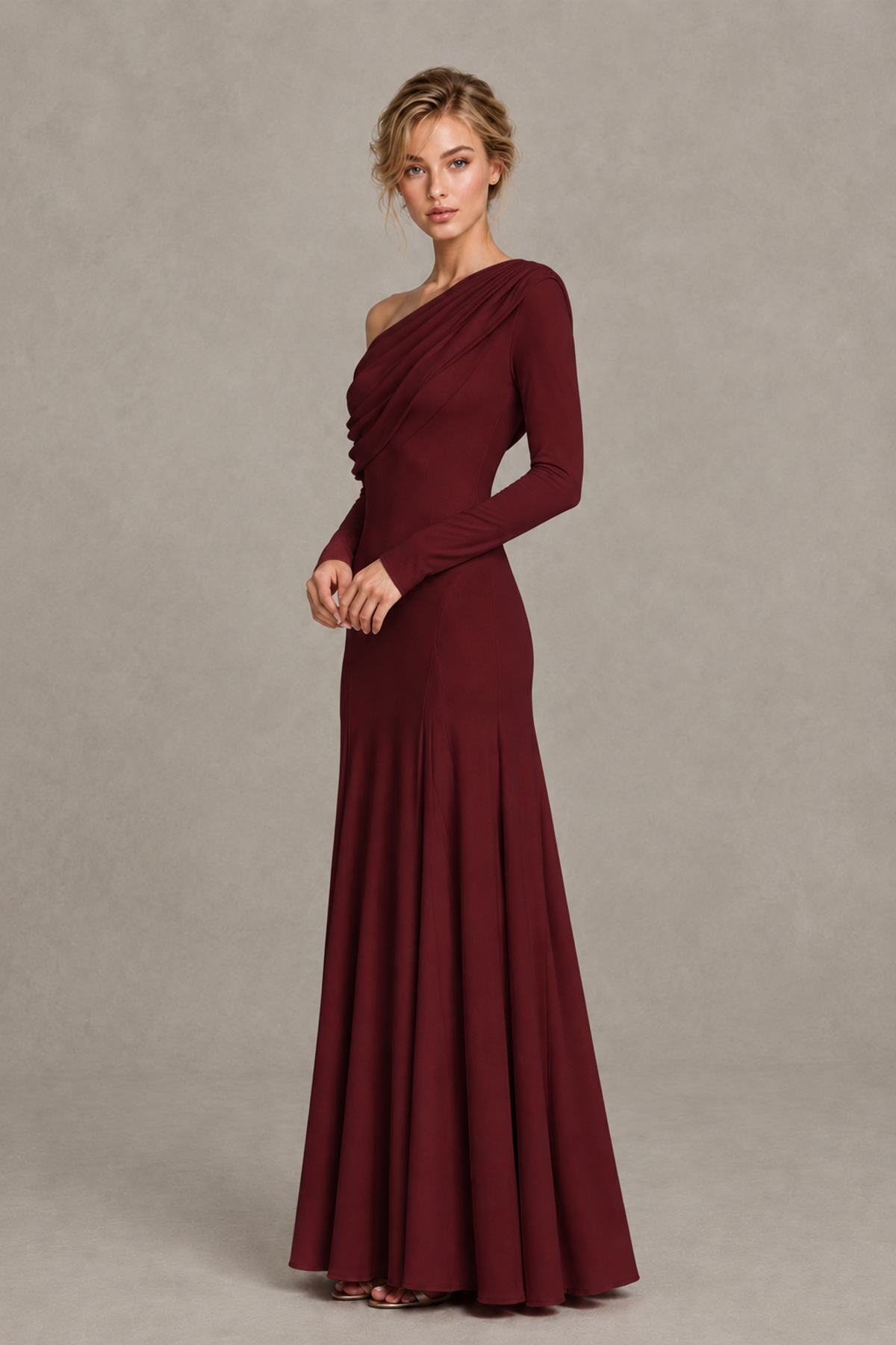 BOLODOO Burgundy Asymmetric Draped Long Sleeve Evening Gown - Burgundy