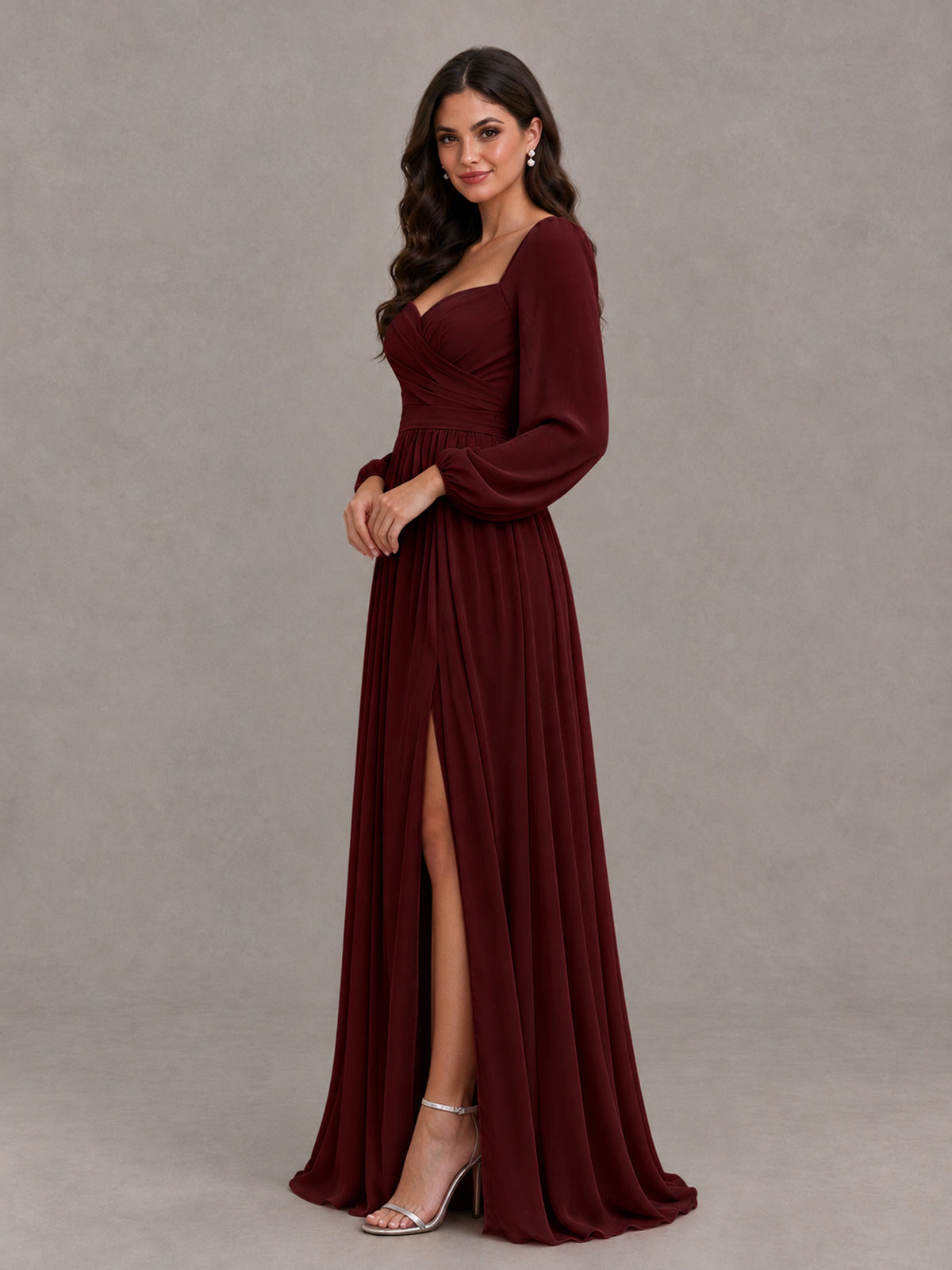 BOLODOO Burgundy Long Sleeve Chiffon Bridesmaid Dress with Slit - Burgundy - Burgundy (3)