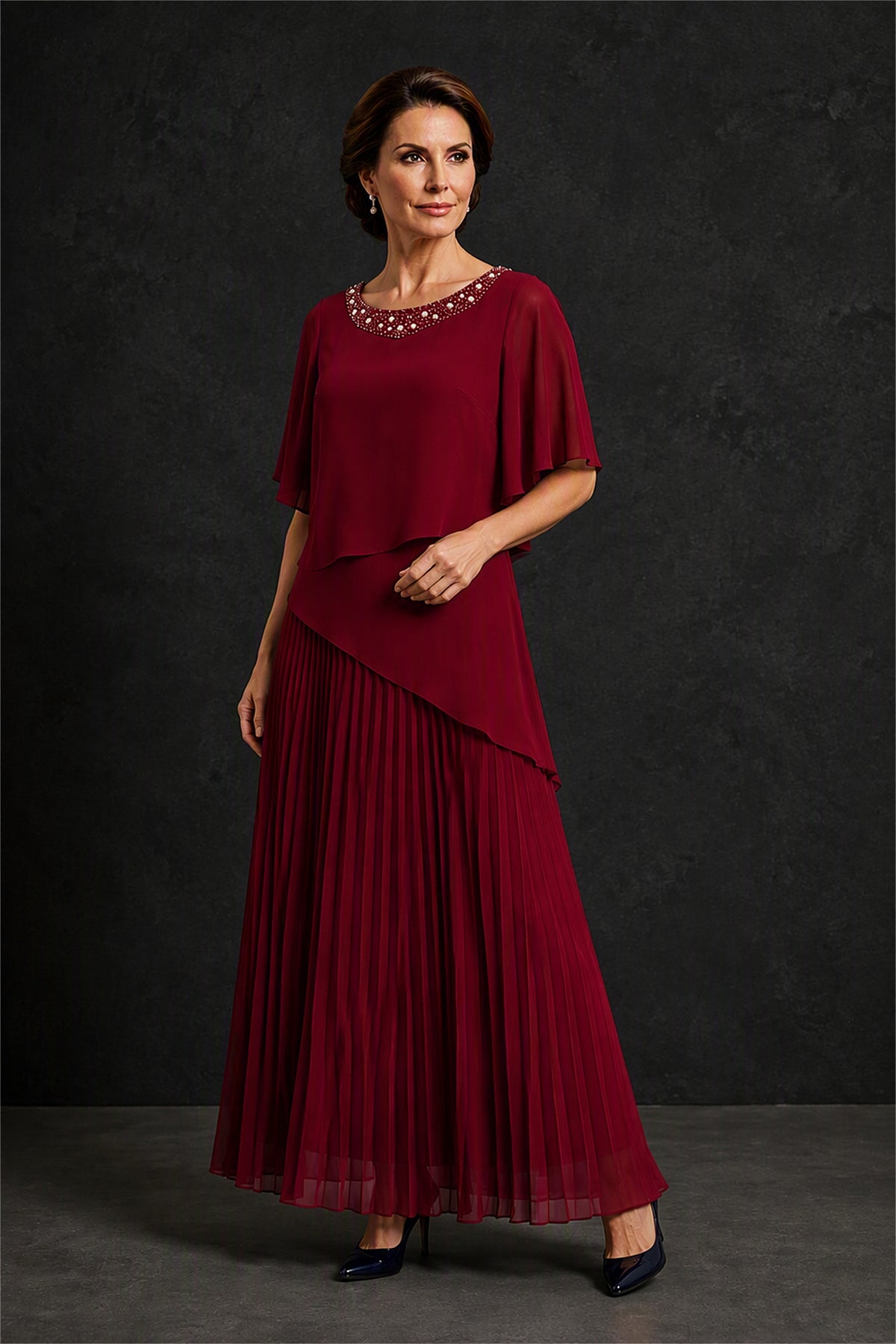 BOLODOO Burgundy Pearl Beaded Neck Asymmetric Tiered Flutter Sleeve Pleated Chiffon Maxi Dress - Burgundy
