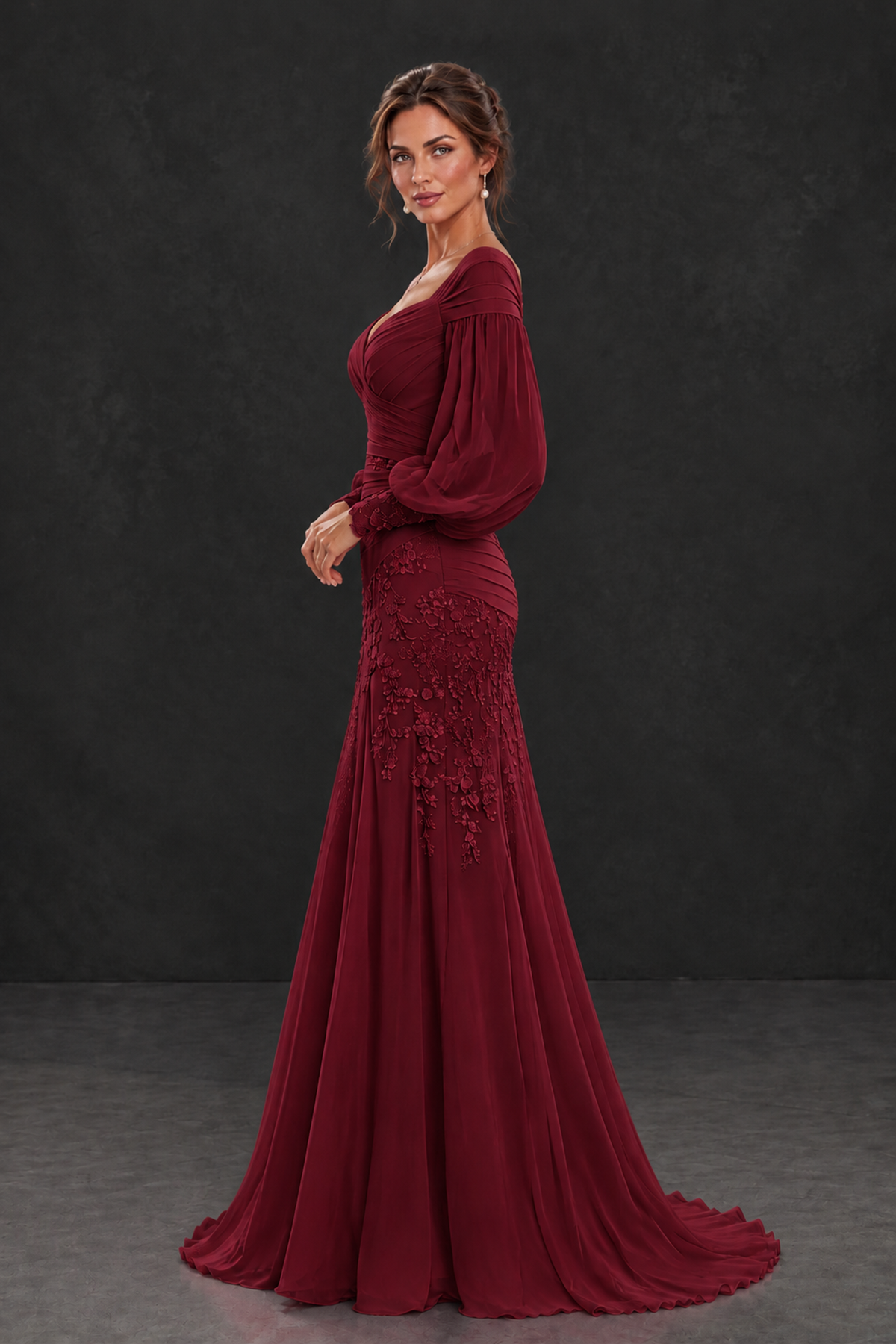 BOLODOO Burgundy Long Sleeve Mother of the Bride Dress with Floral Appliqués - Burgundy - Burgundy (3)