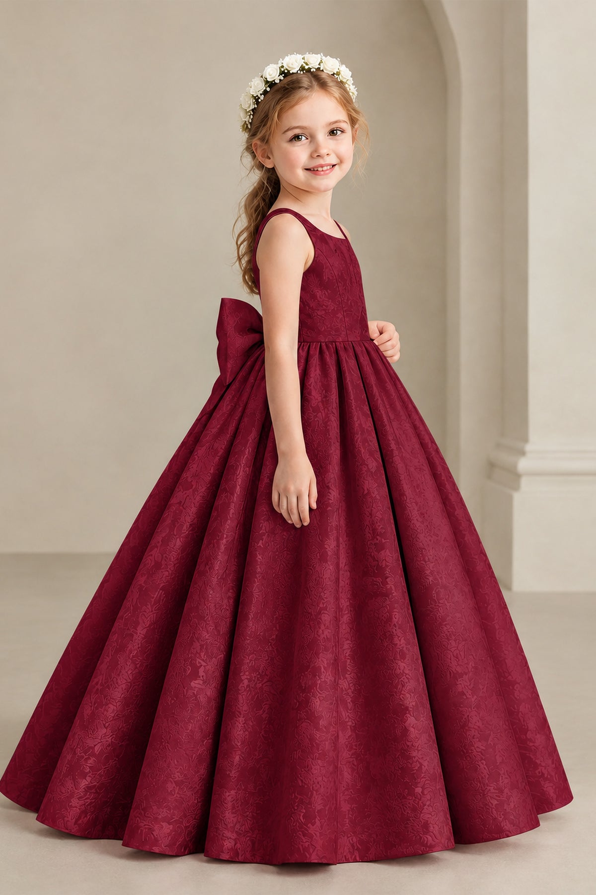 BOLODOO Burgundy Girls' A-Line Flower Girl Dress with Back Bow - Burgundy