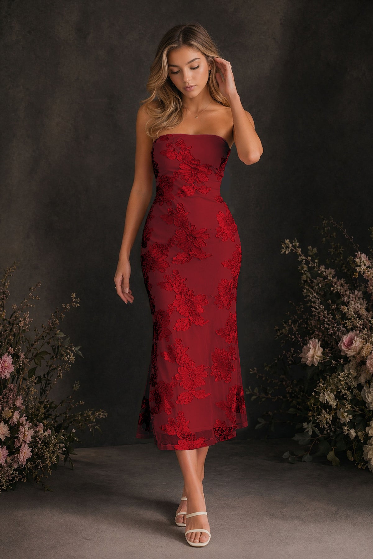 BOLODOO Burgundy Tonal Floral Embroidered Mesh Strapless Open Back Bodycon Midi Tea Length Dress - Burgundy