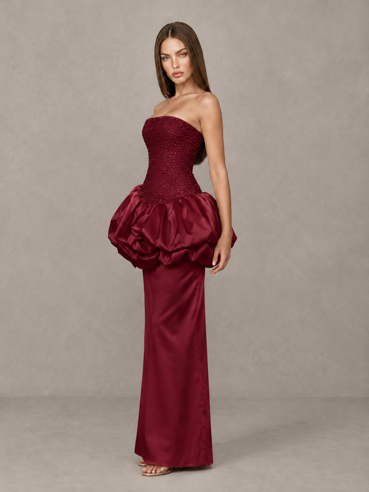 BOLODOO Burgundy Strapless Embellished Bubble Peplum Evening Dress - Burgundy - Burgundy (3)