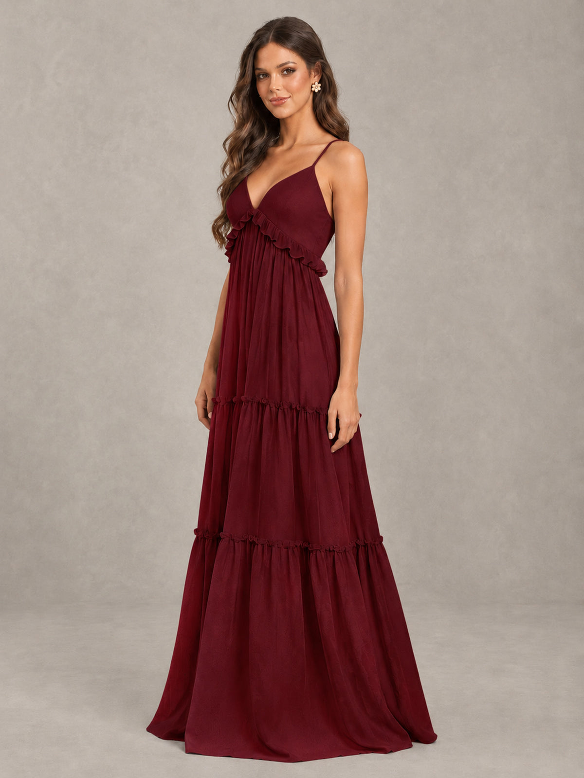 BOLODOO Burgundy Tiered V-Neck Lace-Up Back Bridesmaid Dress - Burgundy - Burgundy (3)