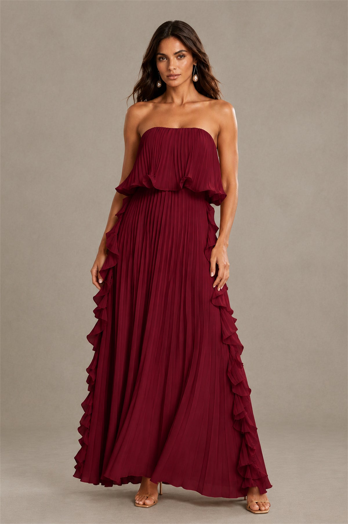 BOLODOO Burgundy Strapless Ruffle Bodice Dual Cascading Ruffle Accordion Pleated Chiffon Maxi Dress - Burgundy