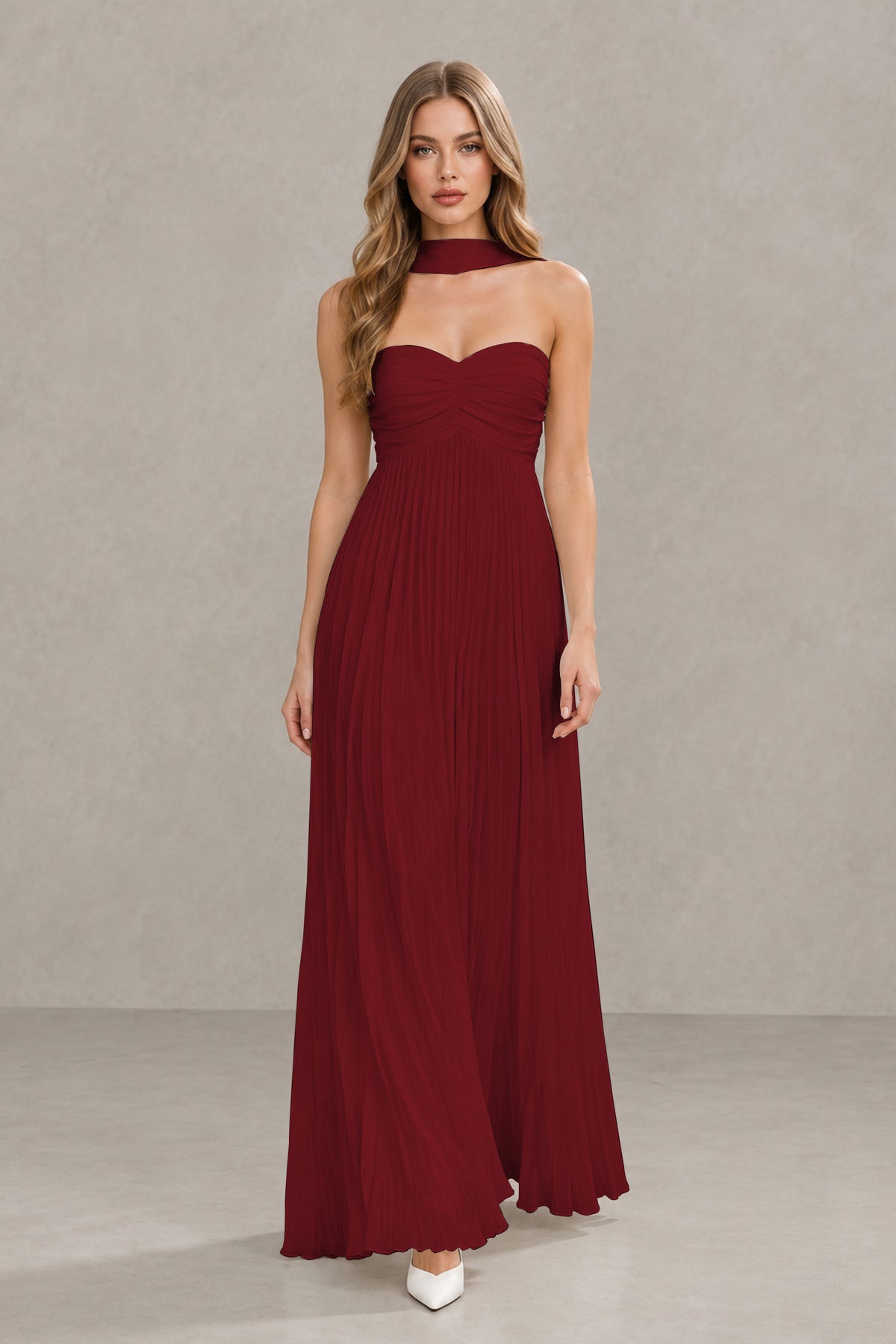 BOLODOO Burgundy Strapless Chiffon-Look Maxi Dress with Lace-Up Back & Cape - Burgundy