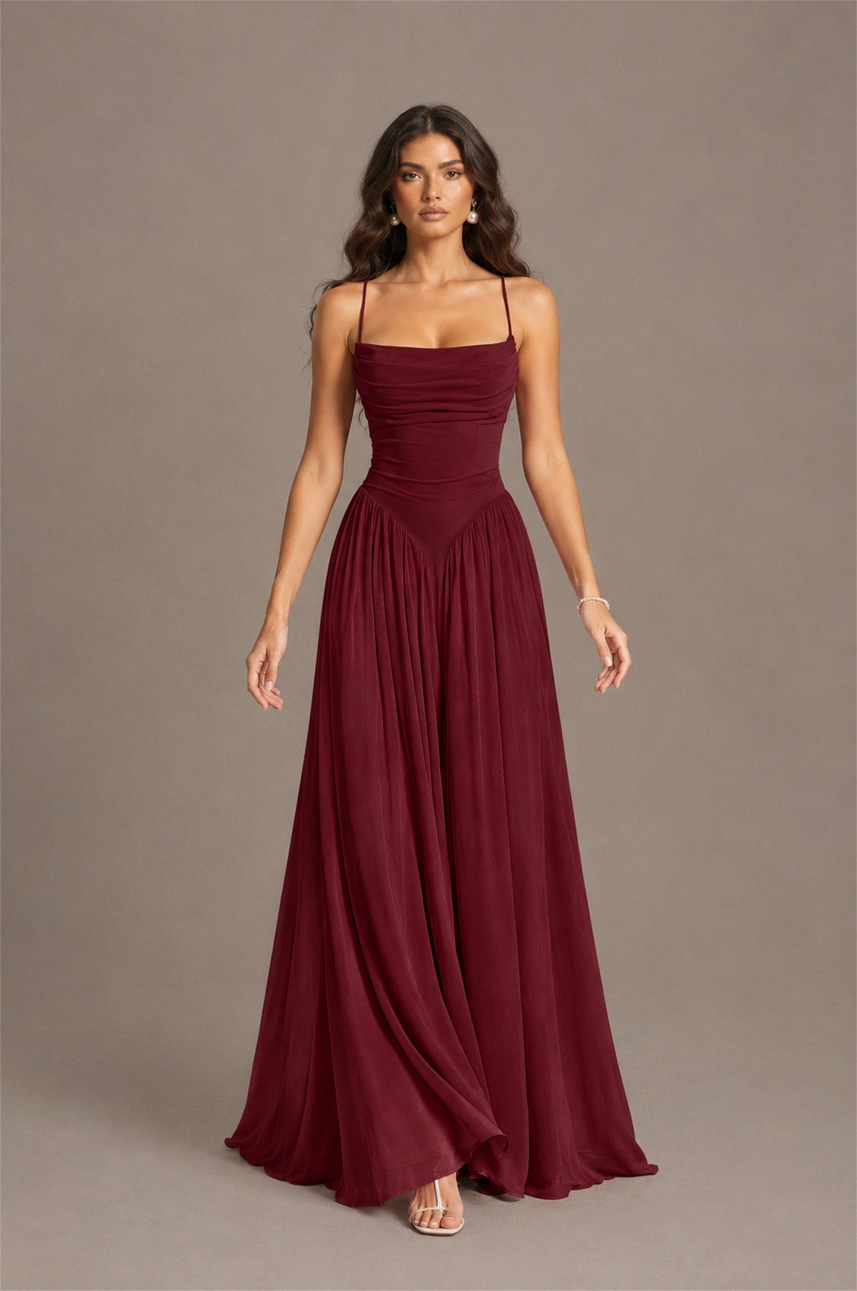 BOLODOO Burgundy Spaghetti Strap Square Neck Ruched Chiffon Maxi Dress with Lace-Up Back - Burgundy