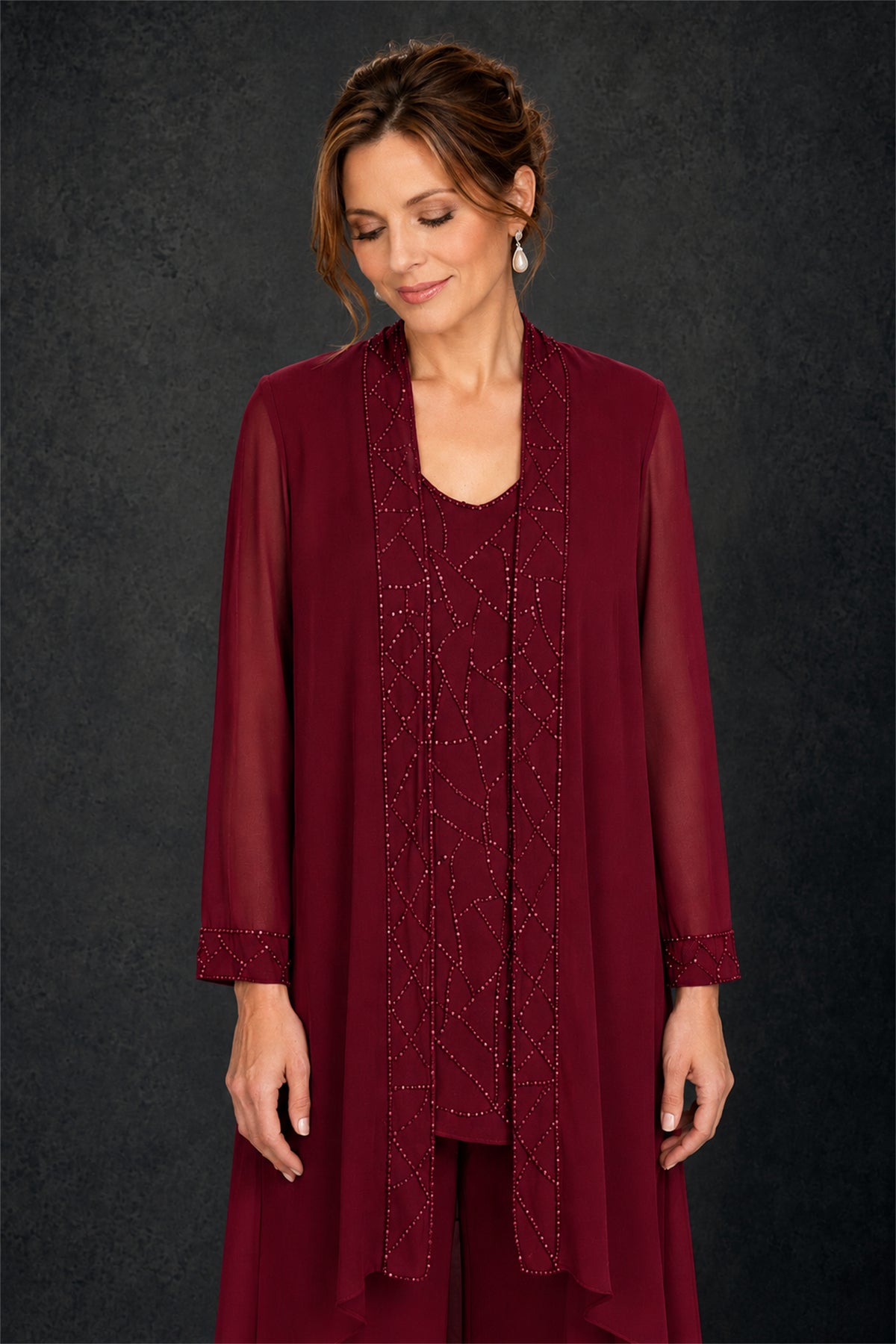BOLODOO Burgundy 3-Piece Beaded Chiffon Duster Jacket Pant Suit - Burgundy
