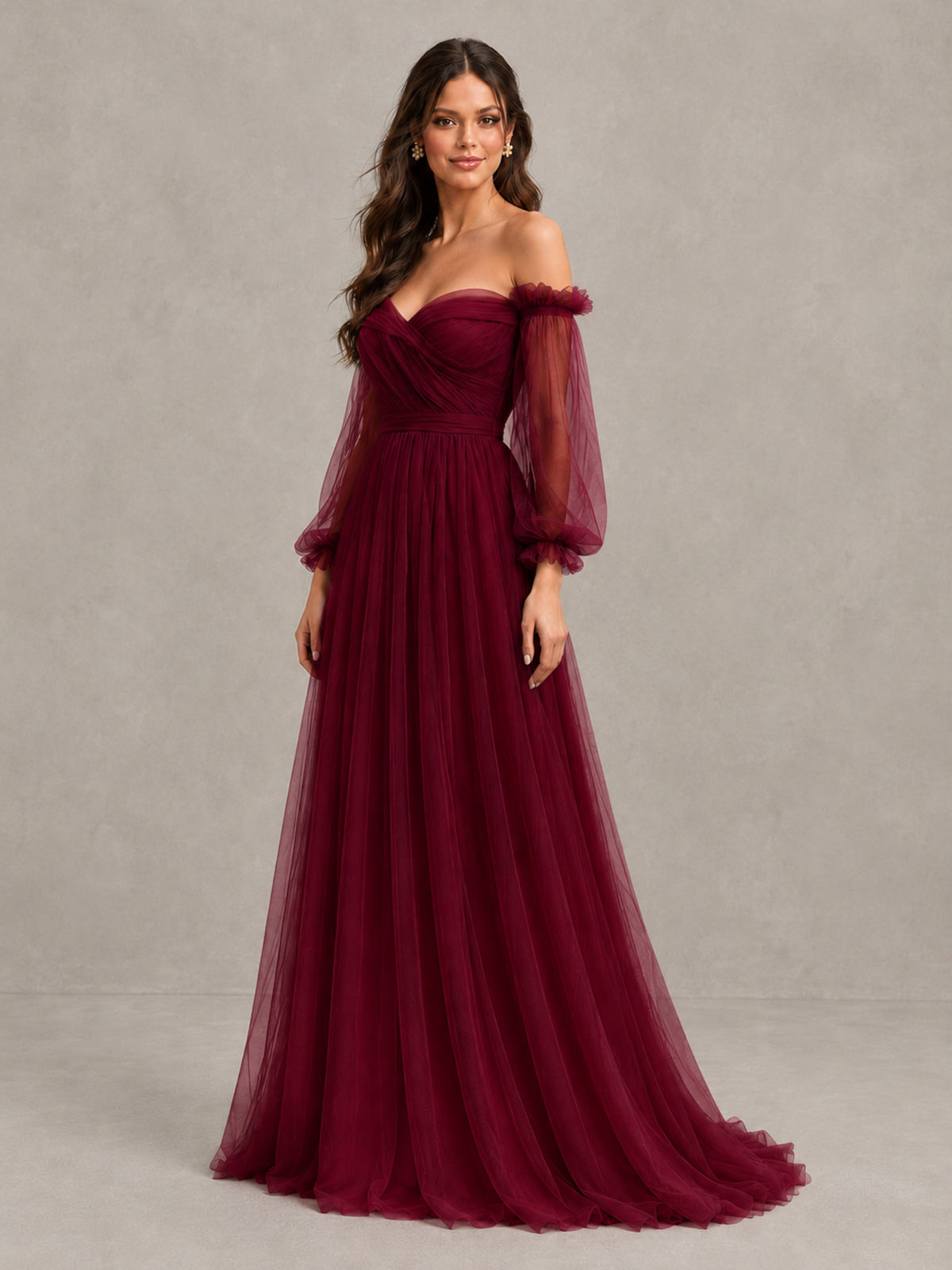 BOLODOO Burgundy Off-the-Shoulder Long Sleeve A-Line Bridesmaid Dress - Burgundy - Burgundy (3)
