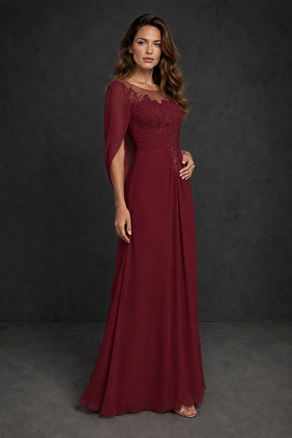 BOLODOO Burgundy Illusion Lace One-Side Cape Sleeve Beaded Chiffon Floor Length Gown | Mother of the Bride Evening Dress - Burgundy