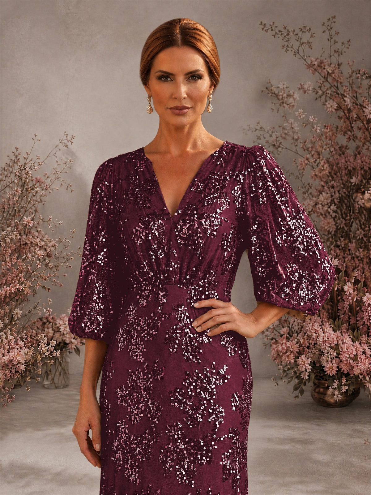 BOLODOO Burgundy V-Neck Lantern Sleeve All-Over Sequin Floral Embroidered Mermaid Gown - Burgundy
