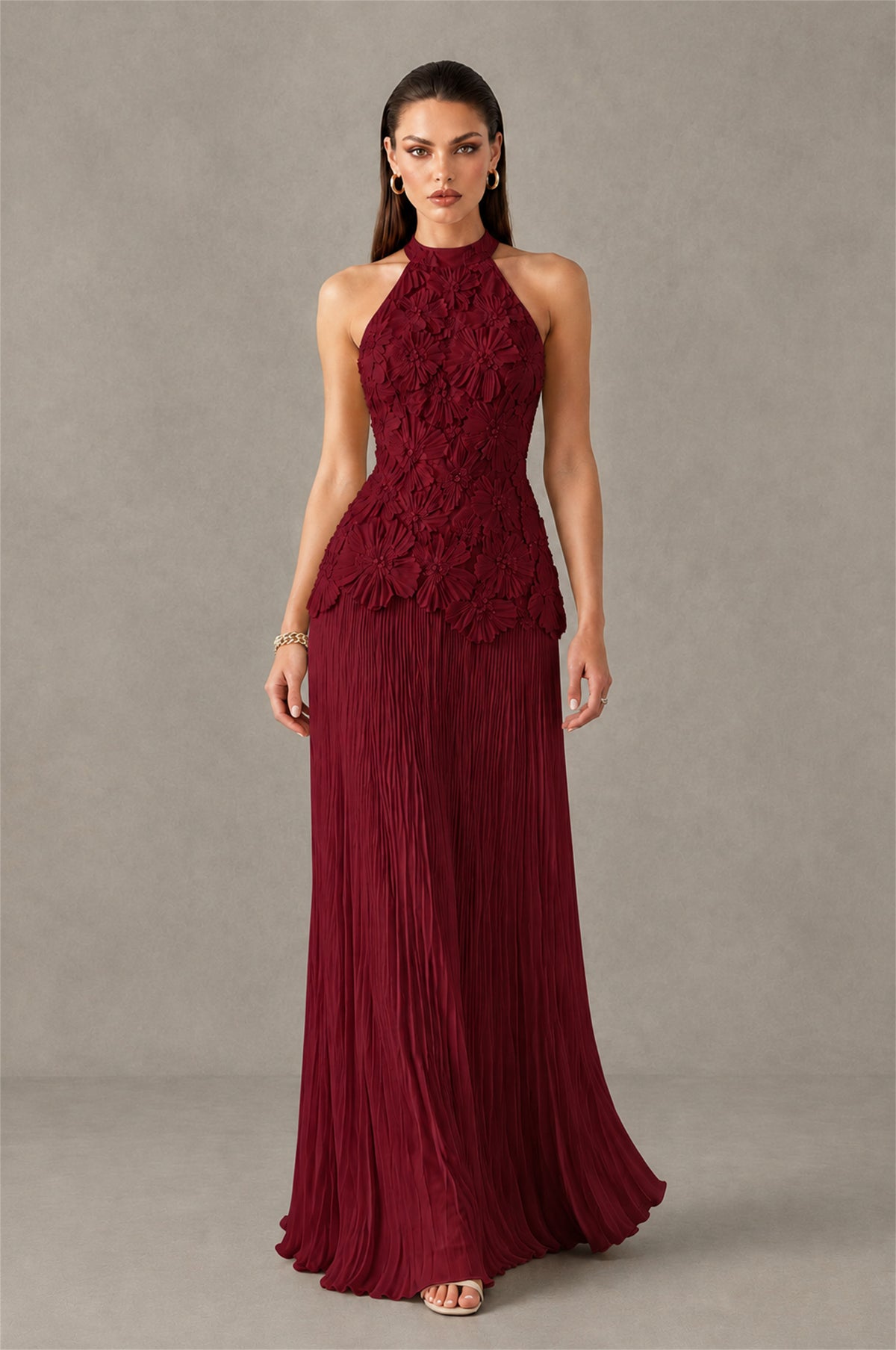 BOLODOO Burgundy 3D Floral Applique Halter Neck Open Back Pleated Maxi Dress - Burgundy