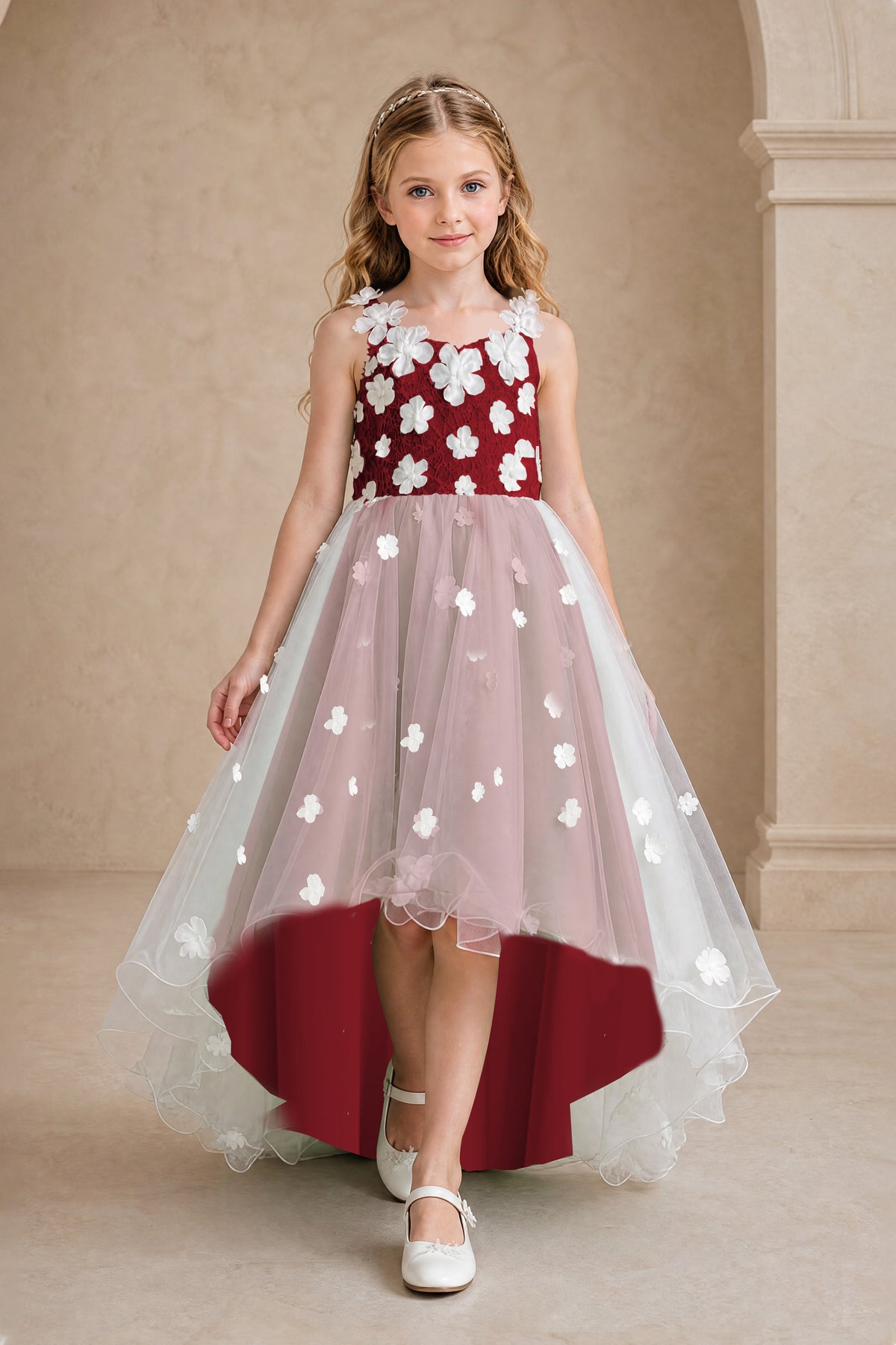 BOLODOO Burgundy Flower Girl Dress with Floral Appliqué and High-Low Tulle Skirt - Burgundy