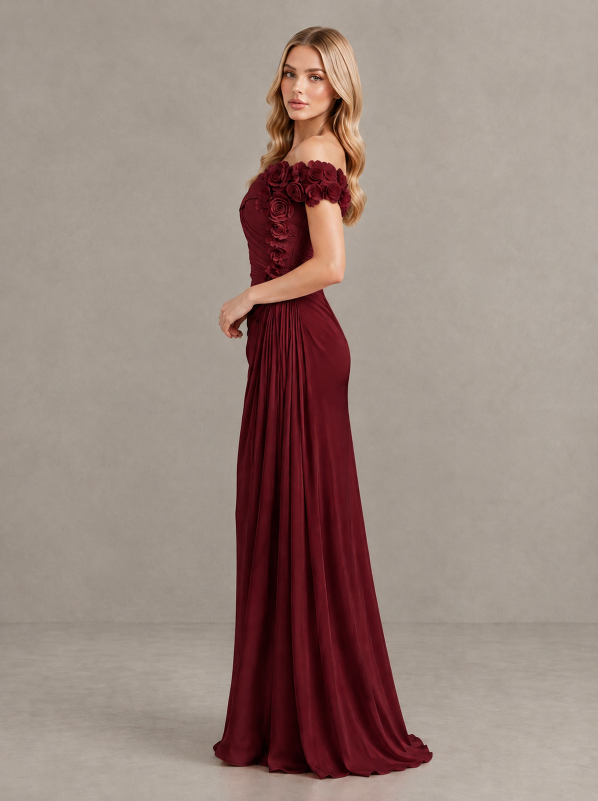 BOLODOO Burgundy Off-Shoulder Floral Applique Wedding Guest Maxi Dress - Burgundy - Burgundy (3)