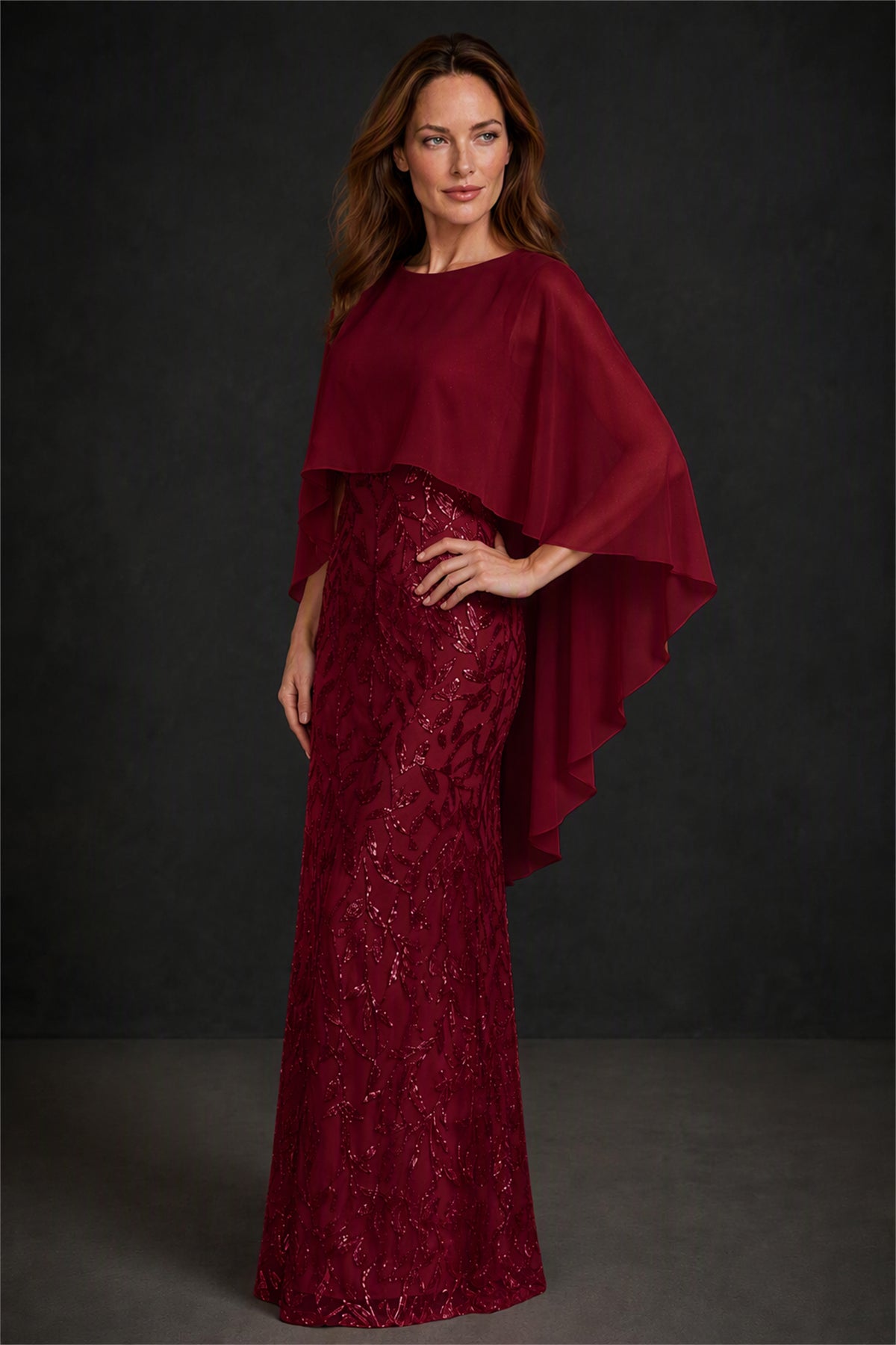 BOLODOO Burgundy Round Neck Chiffon Cape Overlay Sequin Lace Mermaid Maxi Dress - Burgundy