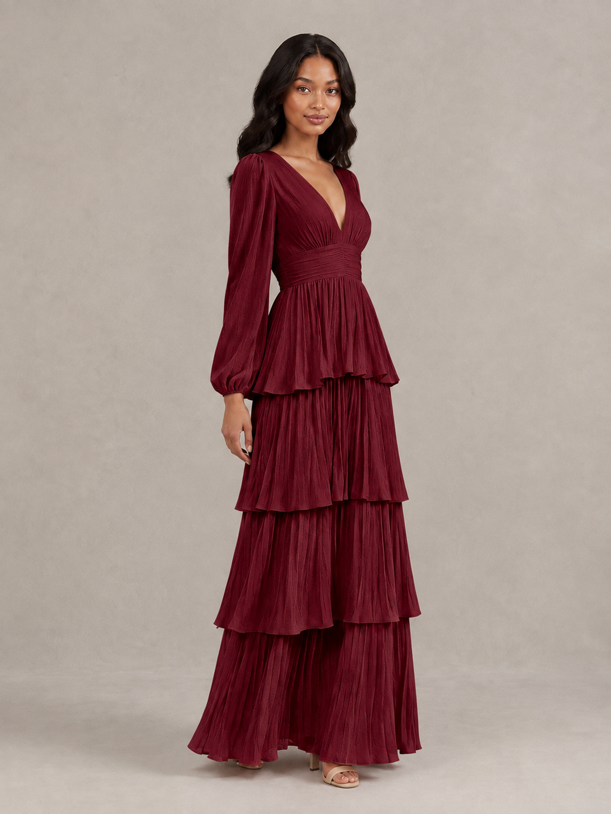 BOLODOO Burgundy Long-Sleeve Tiered Maxi Dress with Deep V-Neck - Burgundy