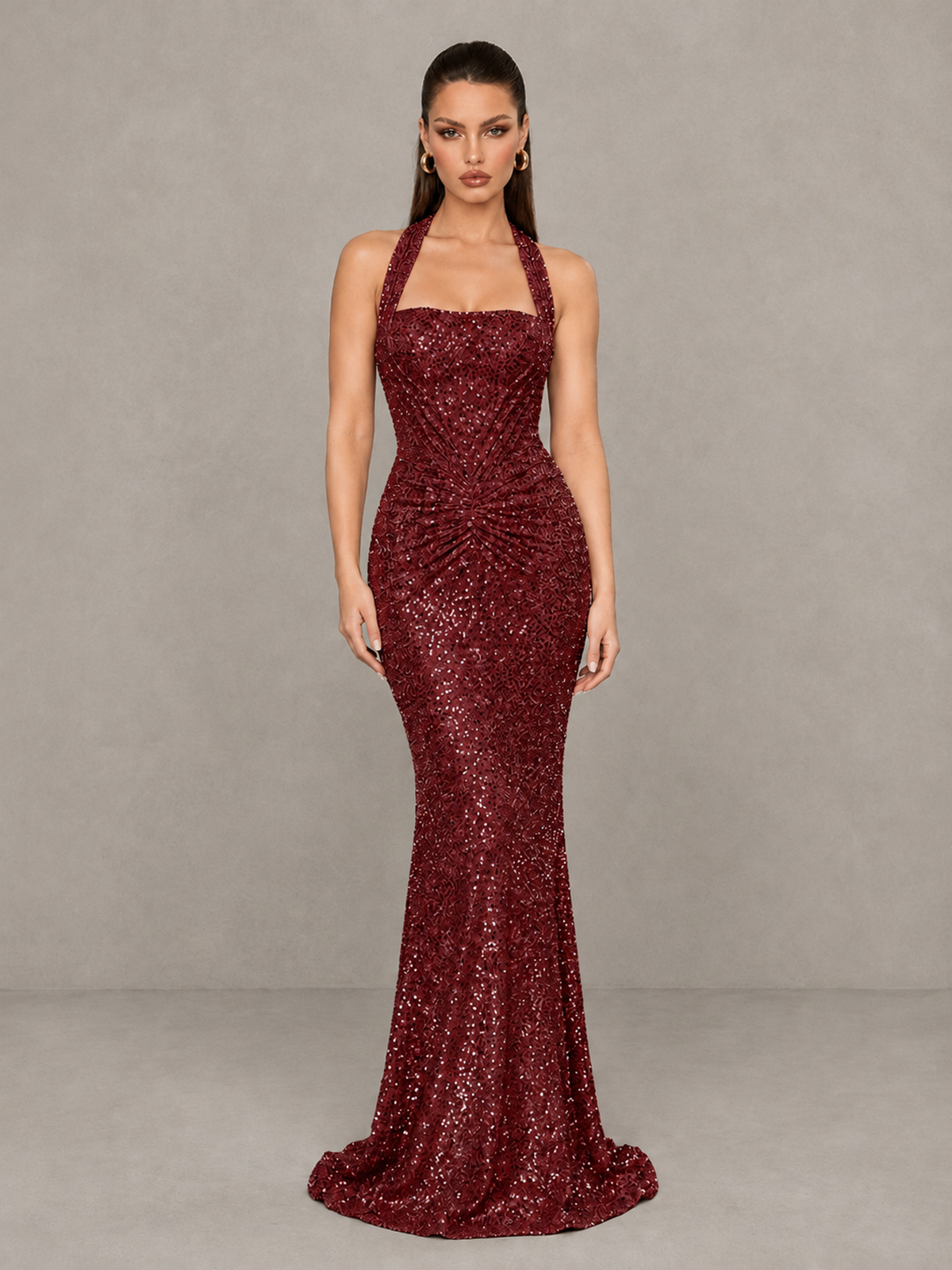 BOLODOO Burgundy Sequin Halter Mermaid Evening Gown - Burgundy - Burgundy (3)