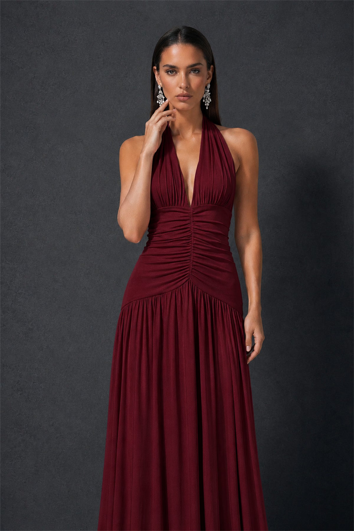 BOLODOO Burgundy Halter Deep V-Neck Ruched Chiffon Open Back Maxi Dress with Draped Neck Tie - Burgundy