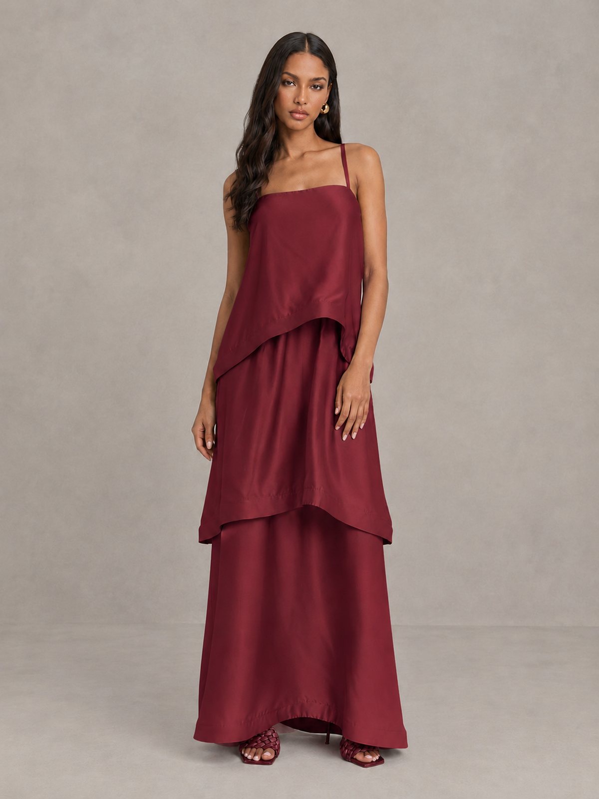 BOLODOO Burgundy Satin Tiered Maxi Dress with Spaghetti Straps - Burgundy