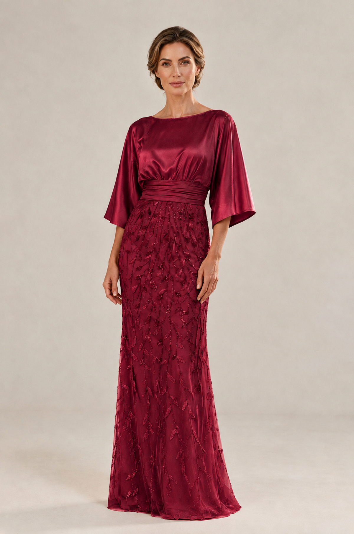 BOLODOO Burgundy Mother of the Bride Dress with Kimono Sleeves, Satin Bodice & Sequin Embroidered Mermaid Floor-Length Gown - Burgundy - Burgundy (3)