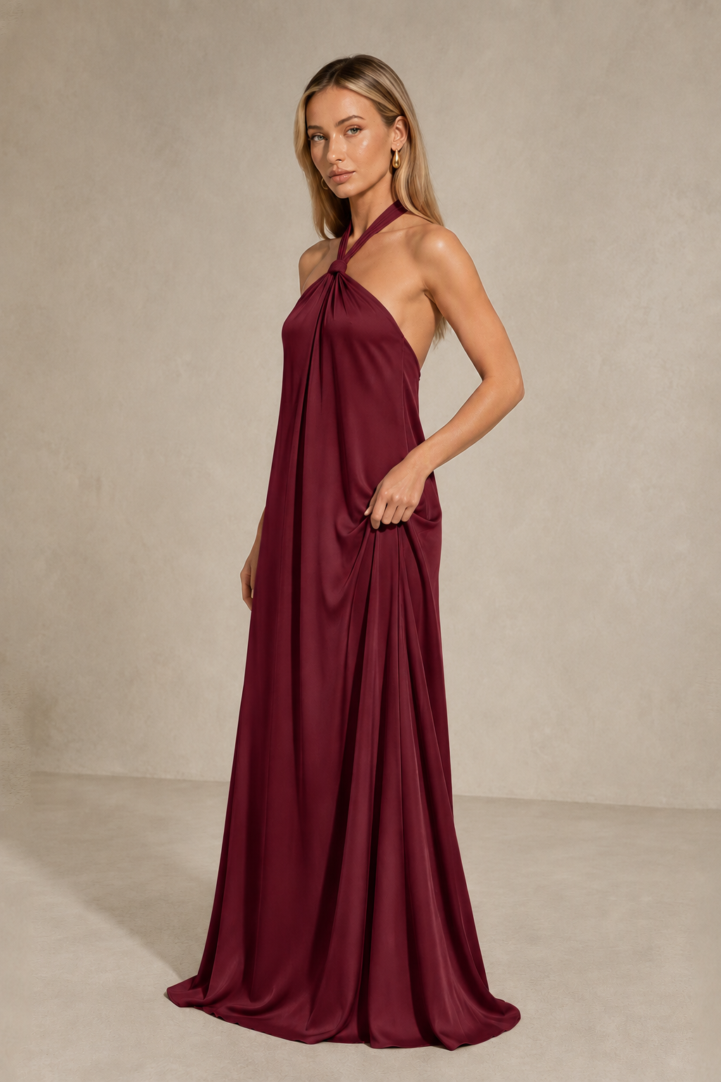 BOLODOO Burgundy Backless Halter Satin Bridesmaid Dress - Burgundy