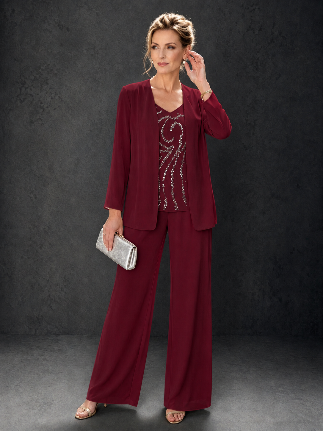 BOLODOO Burgundy 3-Piece Mother of the Bride Pant Suit with Beaded Top & Chiffon Jacket - Burgundy