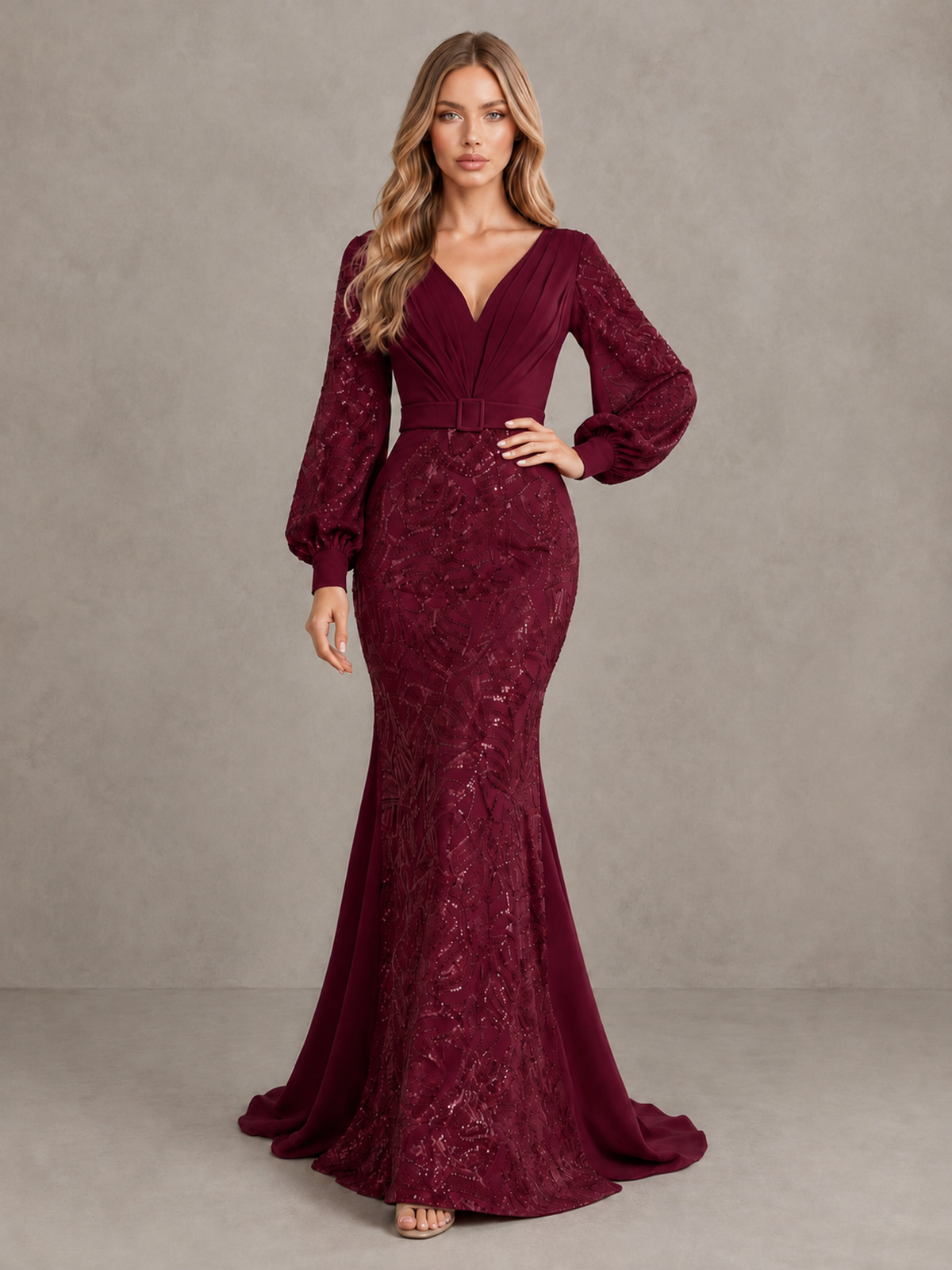 BOLODOO Burgundy Sequin Long Bishop Sleeve Mermaid Evening Dress - Burgundy - Burgundy (3)