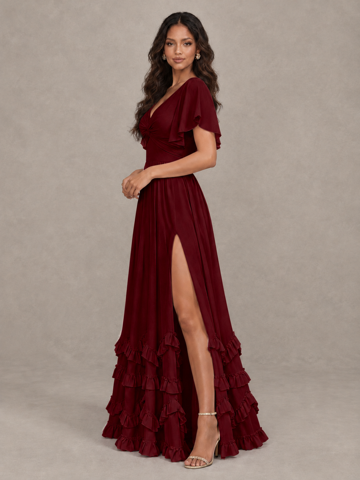 BOLODOO Burgundy V-Neck Flutter Sleeve Ruffle Bridesmaid Dress with Slit - Burgundy - Burgundy (3)