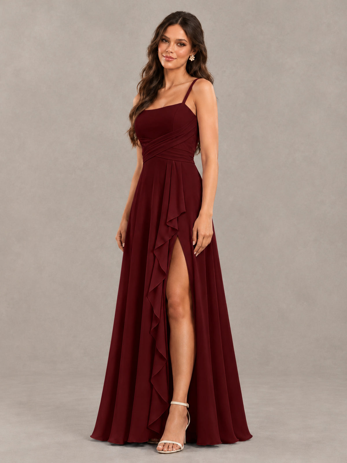 BOLODOO Burgundy Spaghetti Strap Ruffle Bridesmaid Dress with Slit - Burgundy - Burgundy (3)