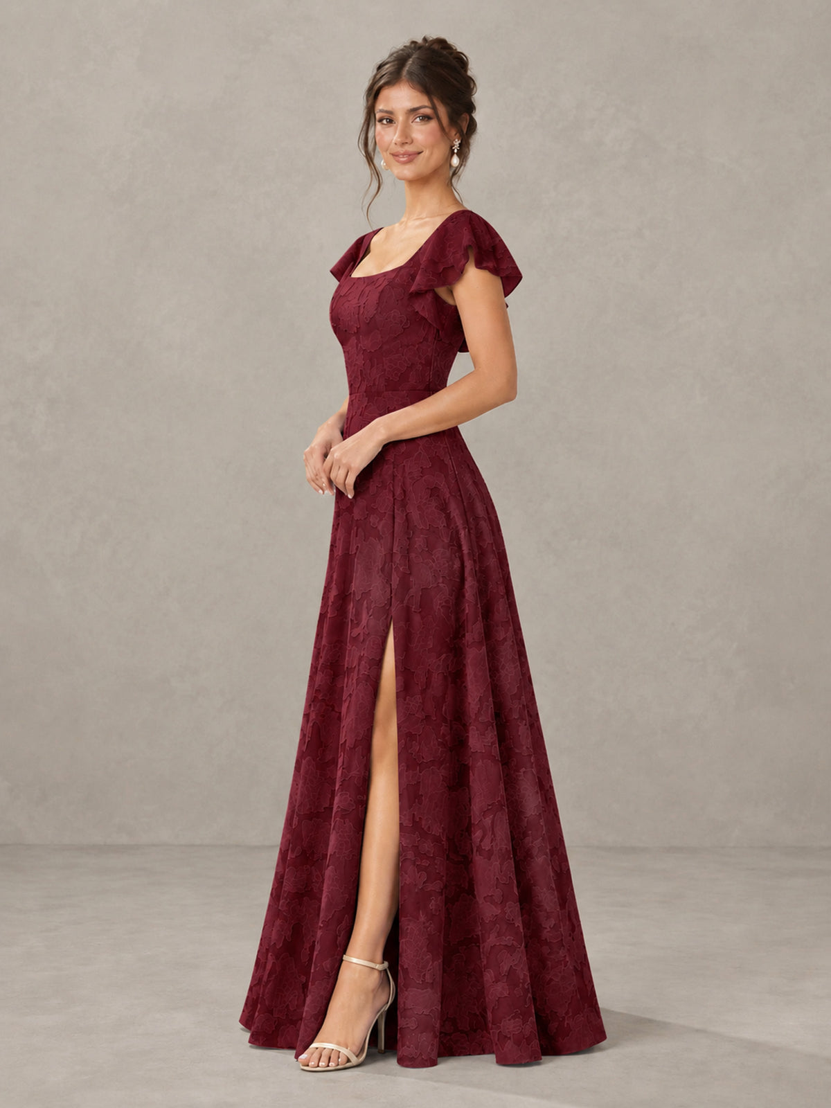 BOLODOO Burgundy Floral Flutter Sleeve Bridesmaid Dress with Slit - Burgundy - Burgundy (3)
