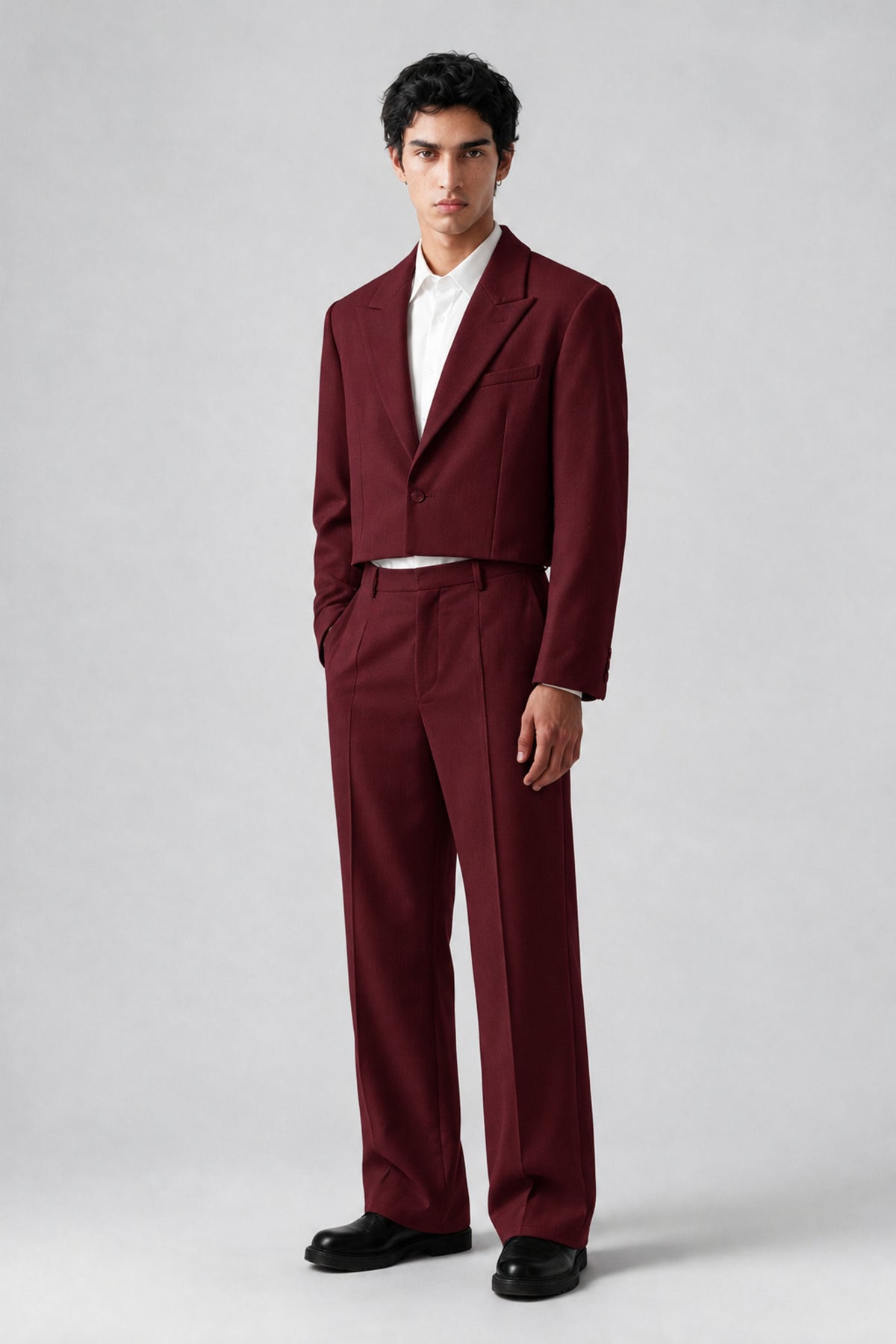 Bolodoo Men's Burgundy Cropped Blazer & Wide-Leg Trousers 2-Piece Suit - Burgundy - Burgundy (3)