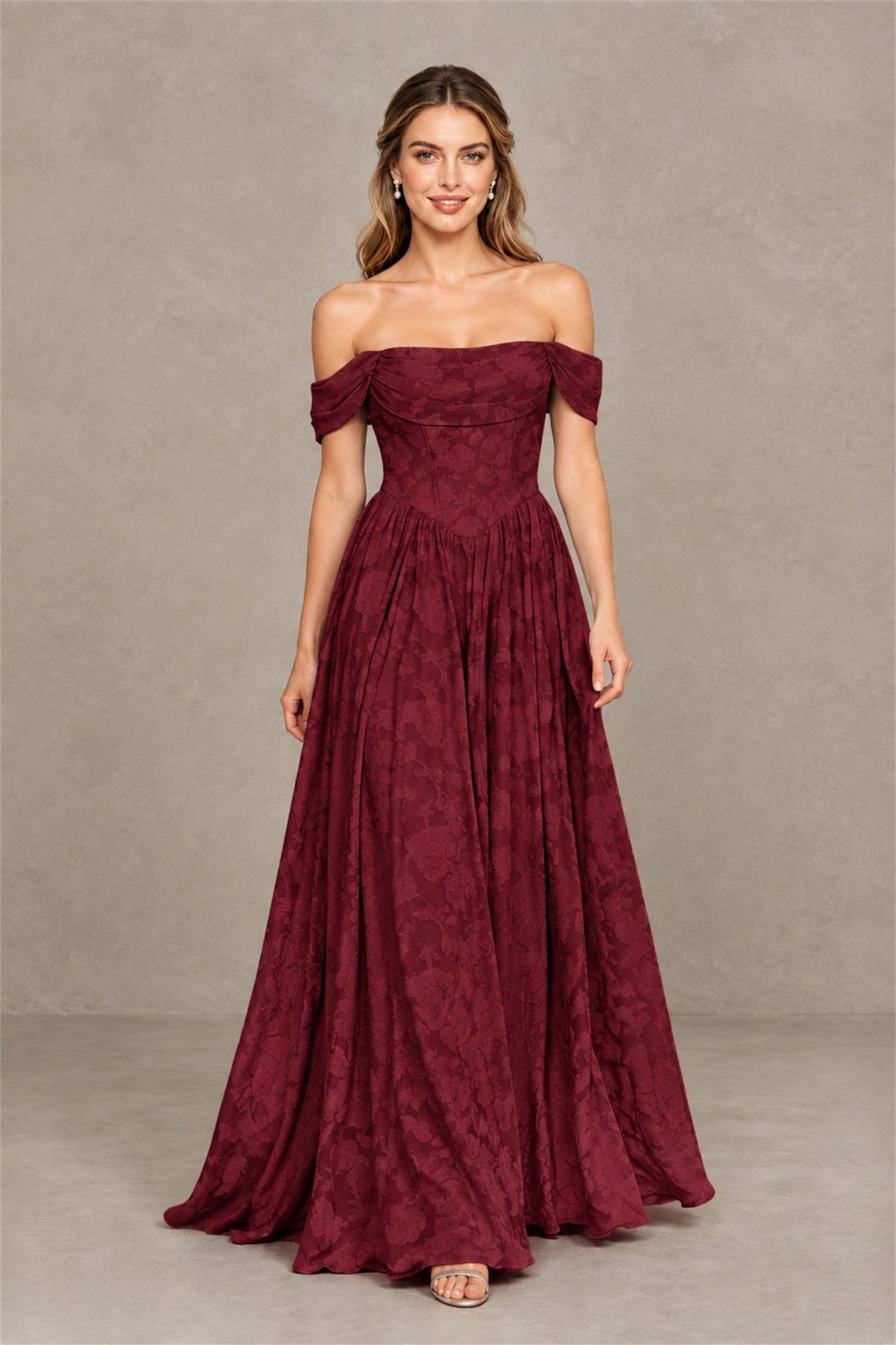 BOLODOO Burgundy Off-Shoulder Floral A-Line Maxi Dress - Burgundy