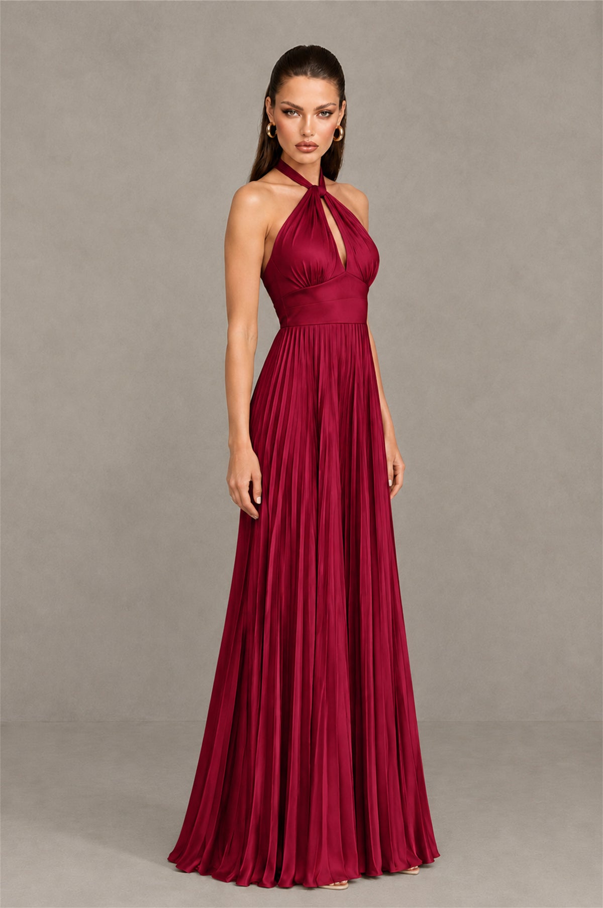 BOLODOO Burgundy Halter Pleated A-Line Evening Dress - Burgundy