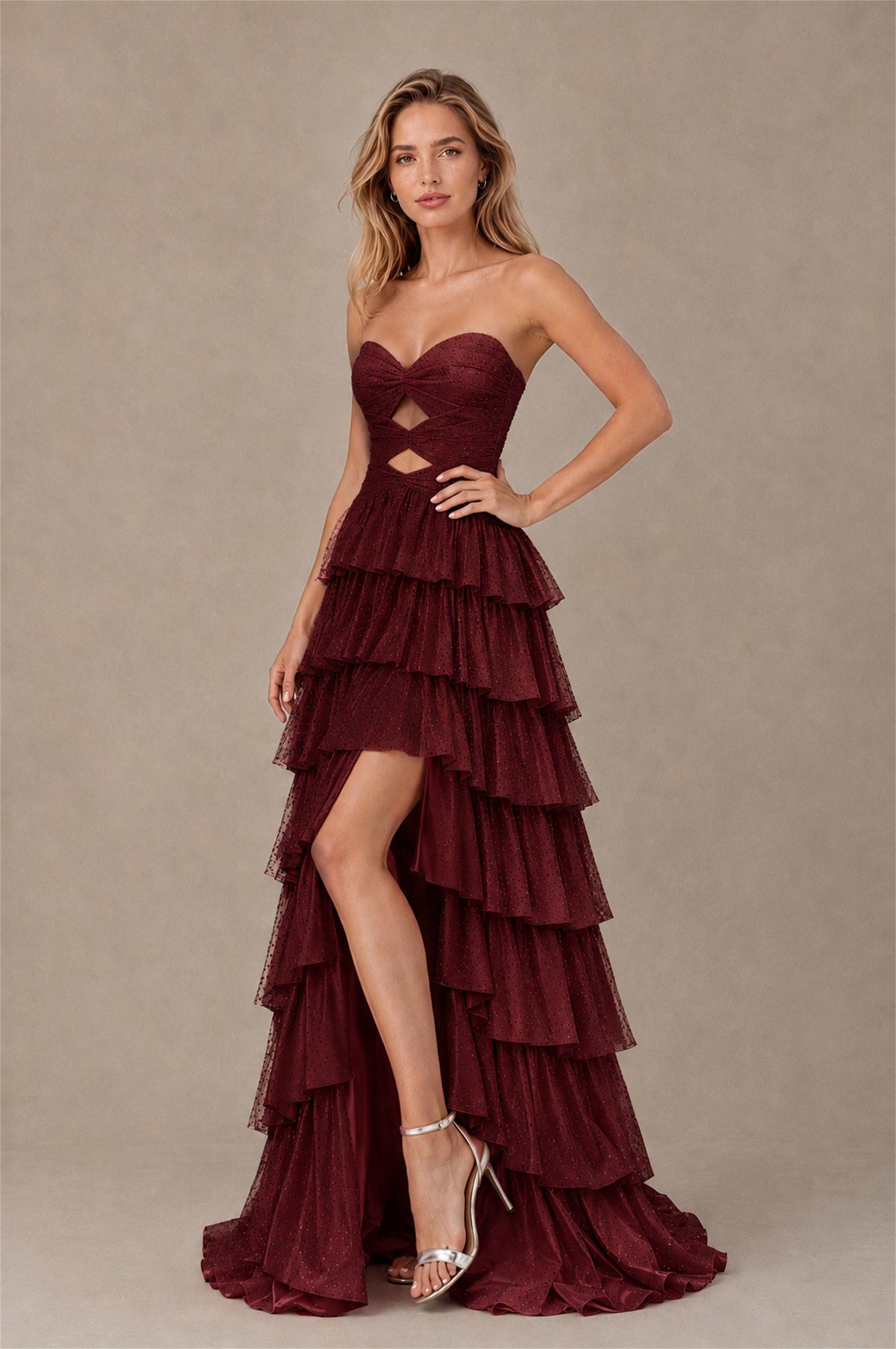 BOLODOO Burgundy Strapless Cutout Tiered Ruffle Prom Dress with High Slit - Burgundy - Burgundy (3)