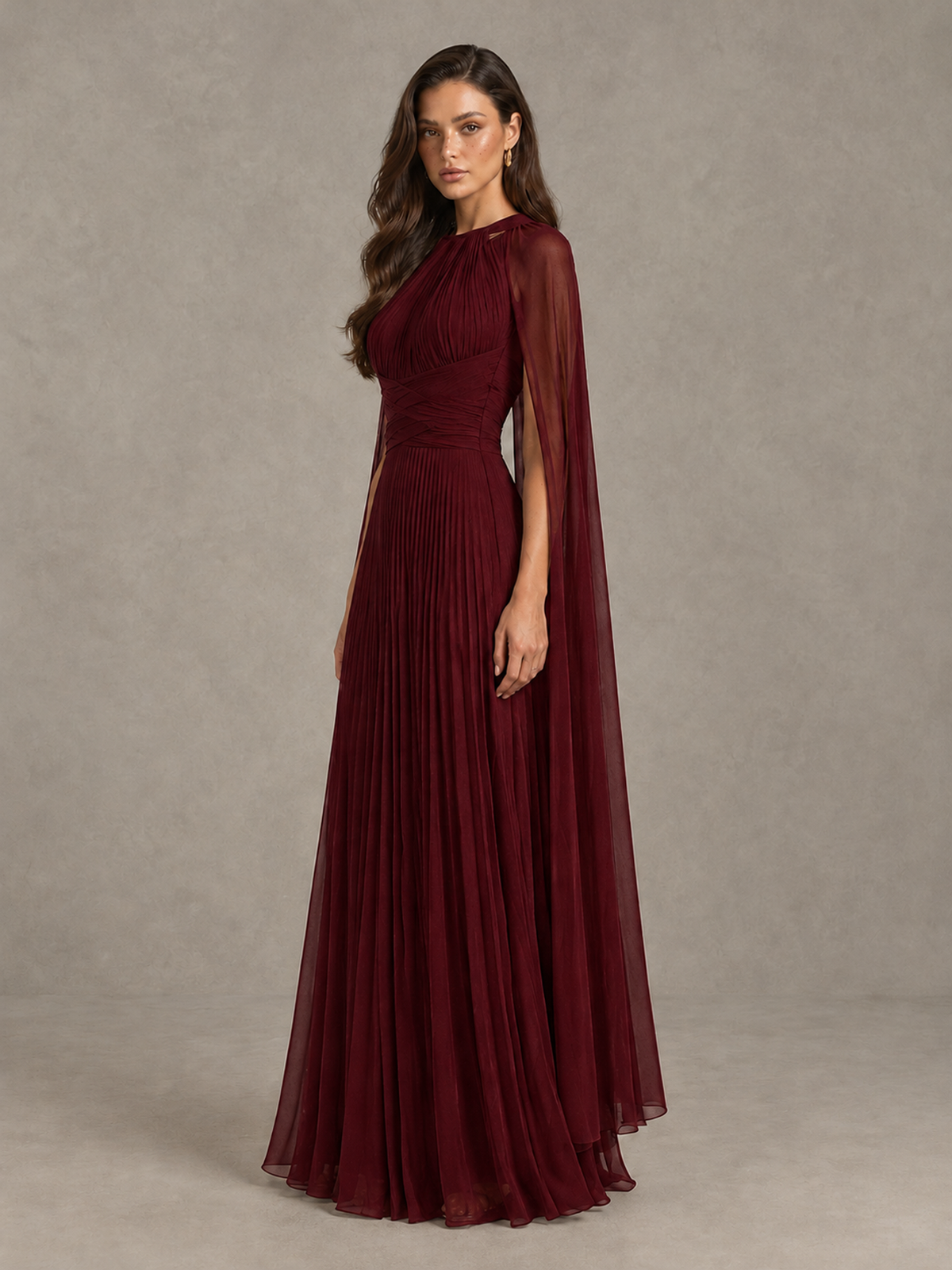 BOLODOO Burgundy Pleated Cape Maxi Wedding Guest Dress - Burgundy - Burgundy (3)