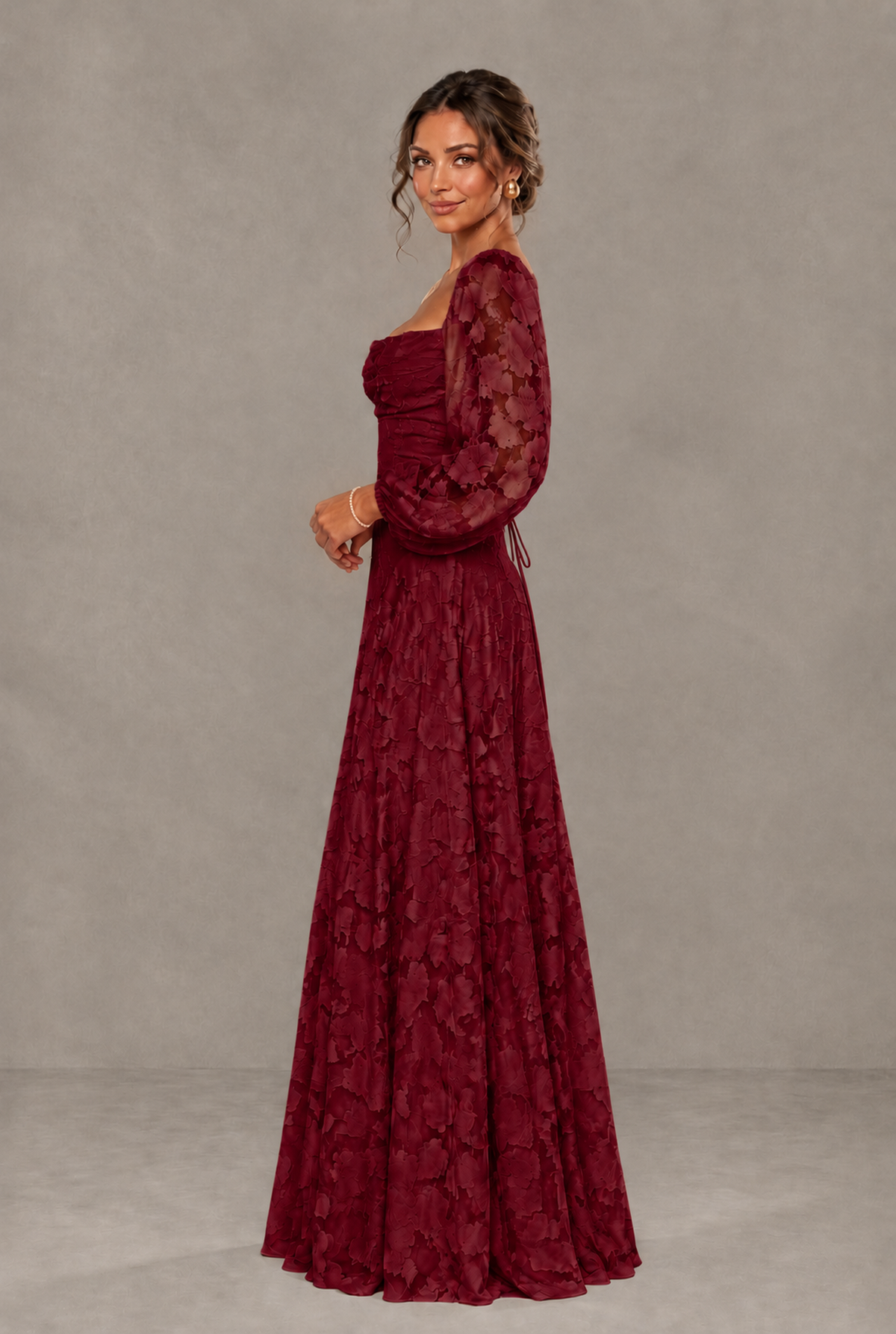 BOLODOO Floral Burgundy Long Sleeve A-Line Dress with Lace-Up Back - Burgundy