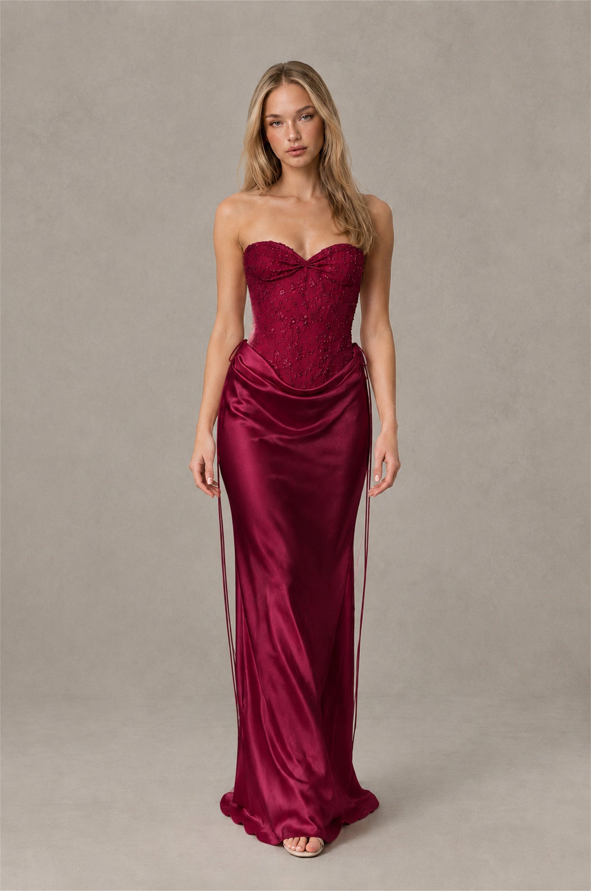 BOLODOO Burgundy Strapless Embellished Corset Satin-Look Maxi Dress - Burgundy