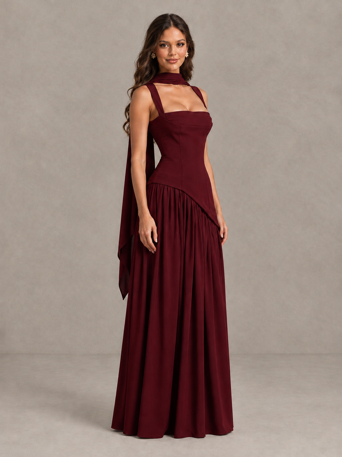 BOLODOO Burgundy Brown Scarf Bridesmaid Dress with Lace-Up Back - Burgundy - Burgundy (3)
