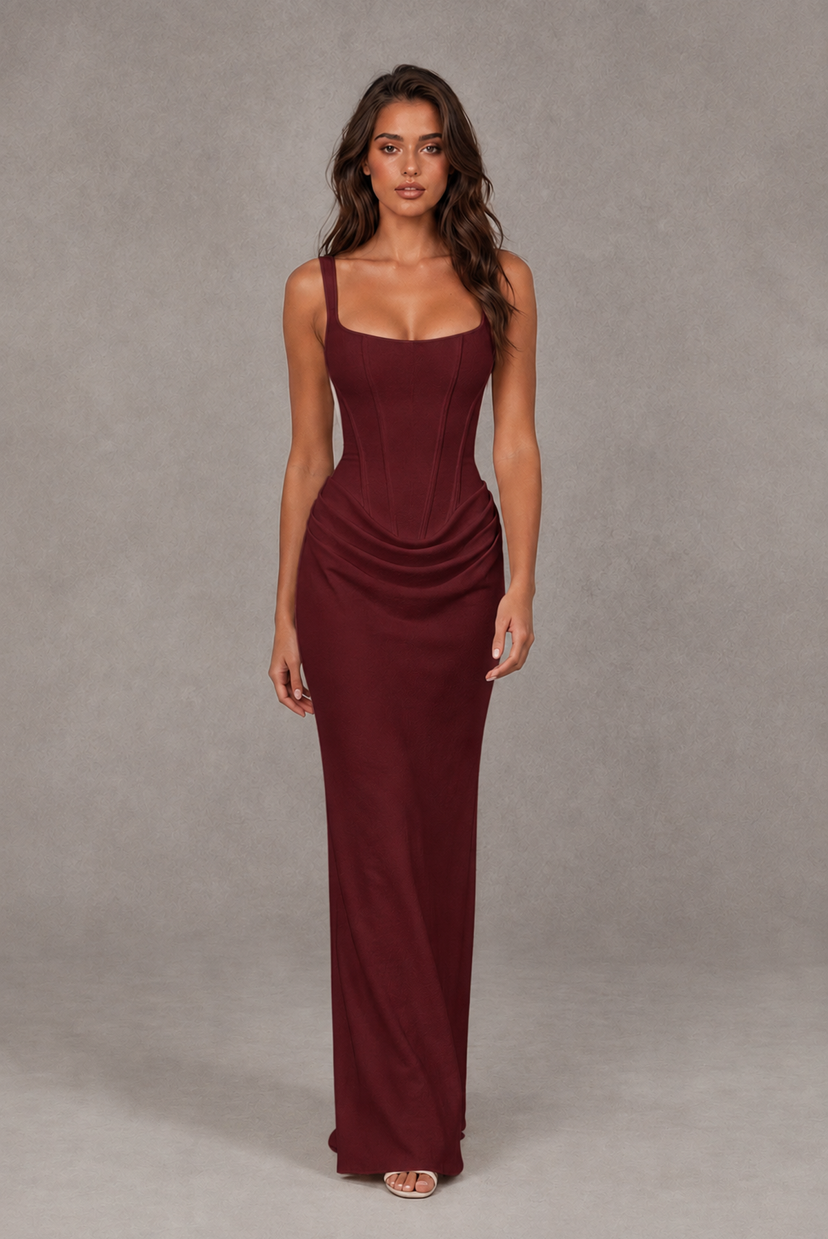 BOLODOO Burgundy Square-Neck Lace-Up Back Bridesmaid Dress - Burgundy