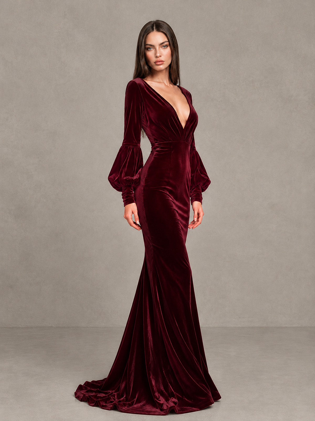 BOLODOO Burgundy Velvet V-Neck Long Sleeve Open Back Mermaid Evening Gown - Burgundy - Burgundy (3)