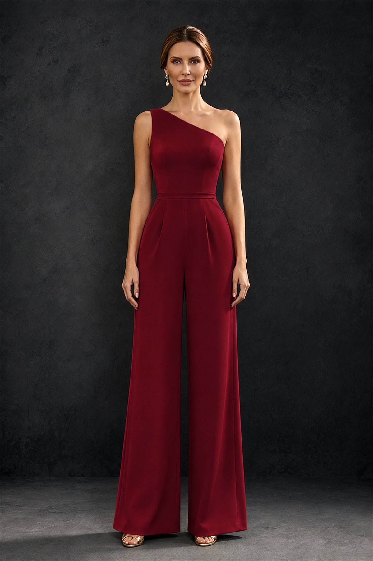 BOLODOO Burgundy 2-Piece Set: Off-Shoulder 3D Floral Cape Gown & One-Shoulder Wide-Leg Jumpsuit | BD0373 - Burgundy
